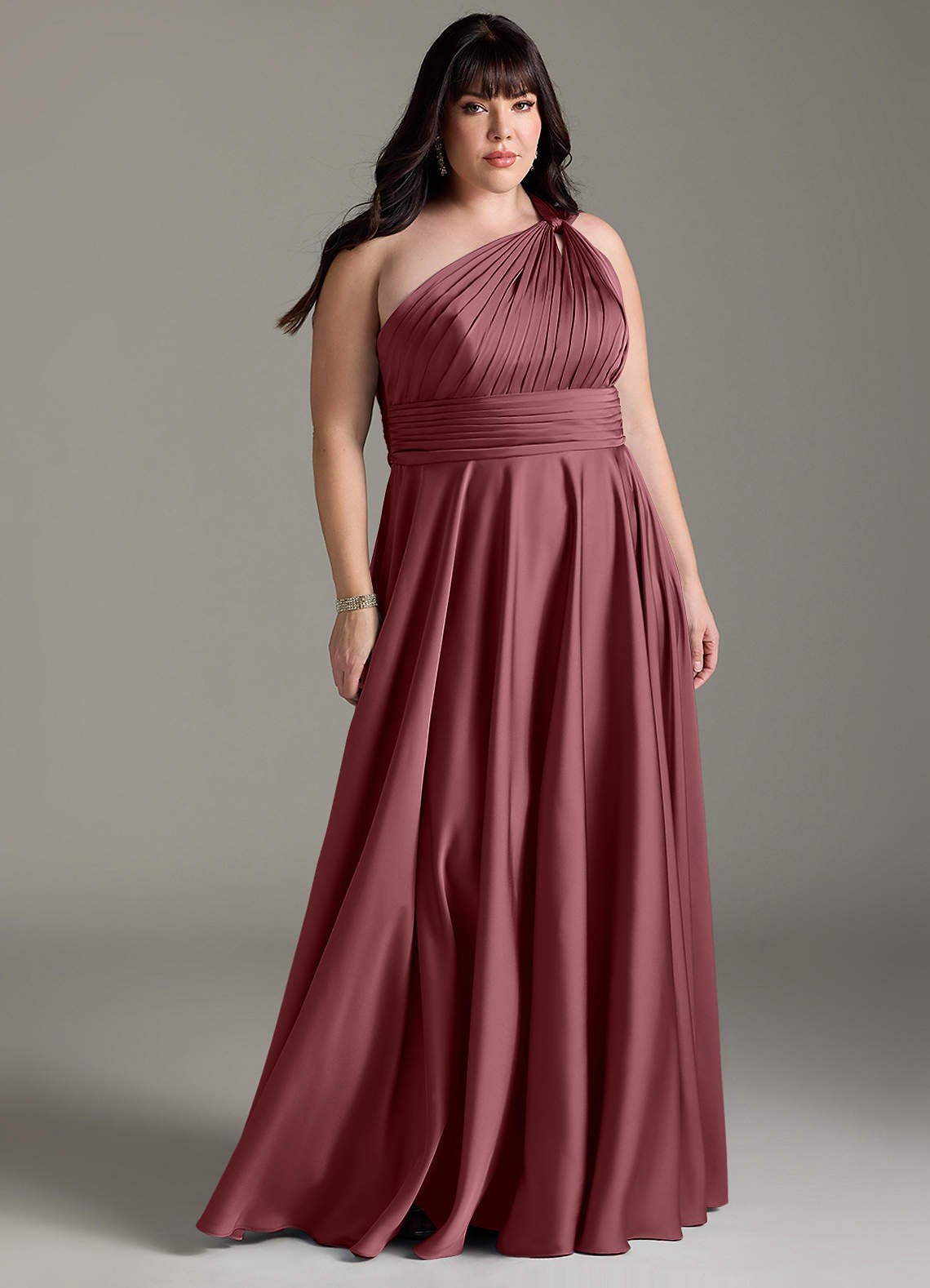 Azazie Charlize Bridesmaid Dresses Desert Rose A-Line One Shoulder Stretch Satin Dress image1