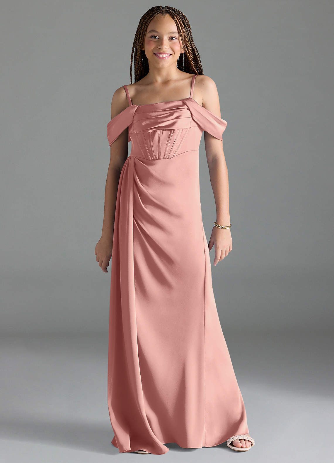 Azazie Amyra Junior Rosette Sheath Off the Shoulder Stretch Satin Dress image1
