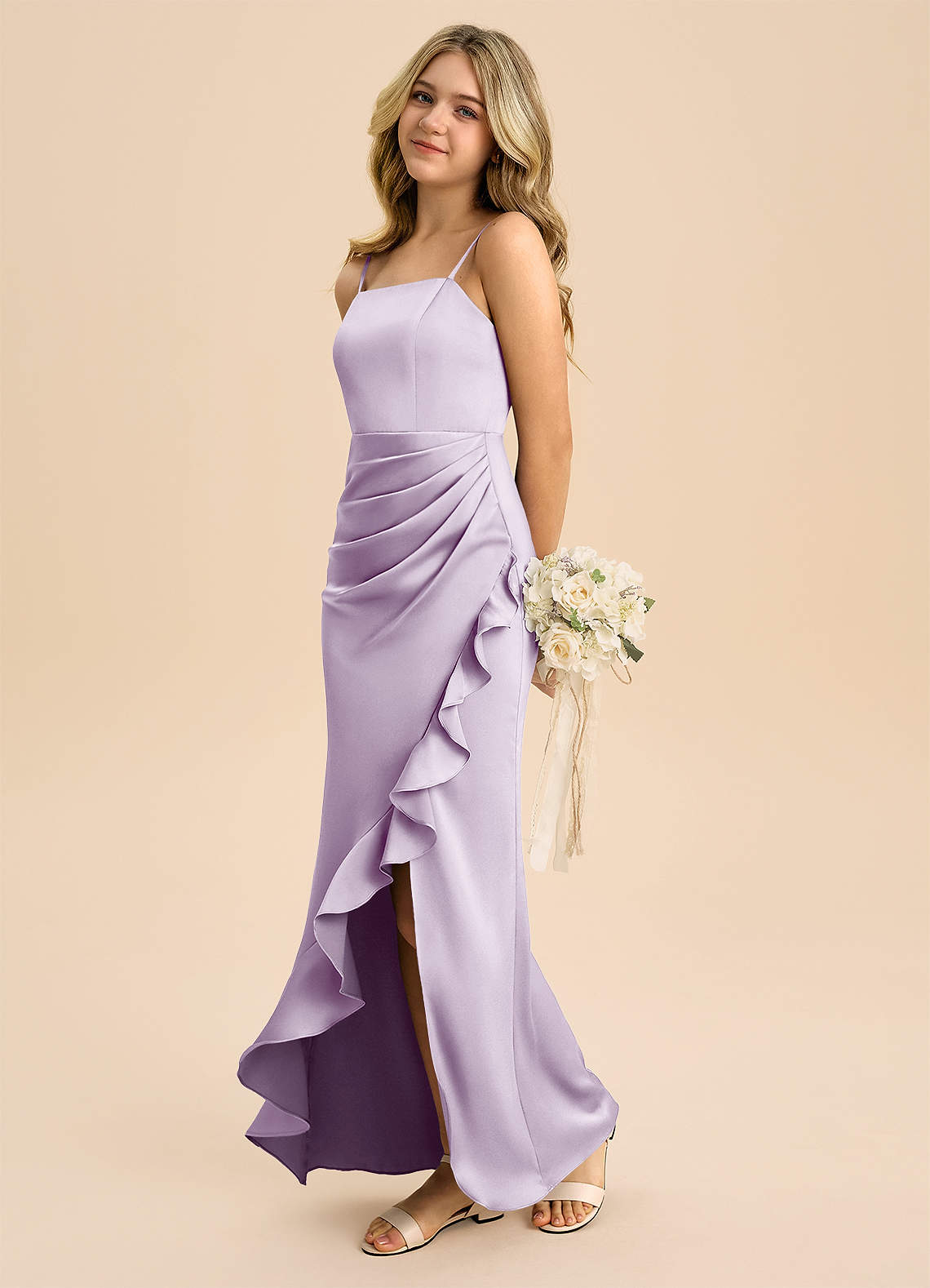 Azazie Buzzy Junior Dusty Blue Sheath Pleated Stretch Satin Dress image5