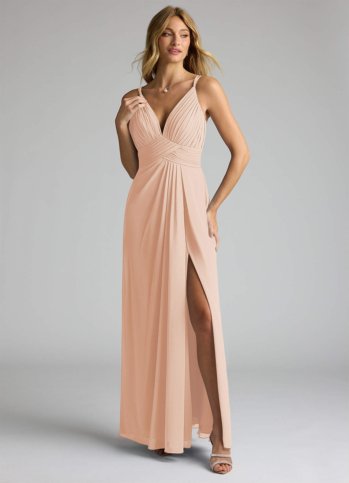 Azazie Maren Allure Bridesmaid Dresses English Rose A-Line V-Neck Lace Chiffon Dress image1