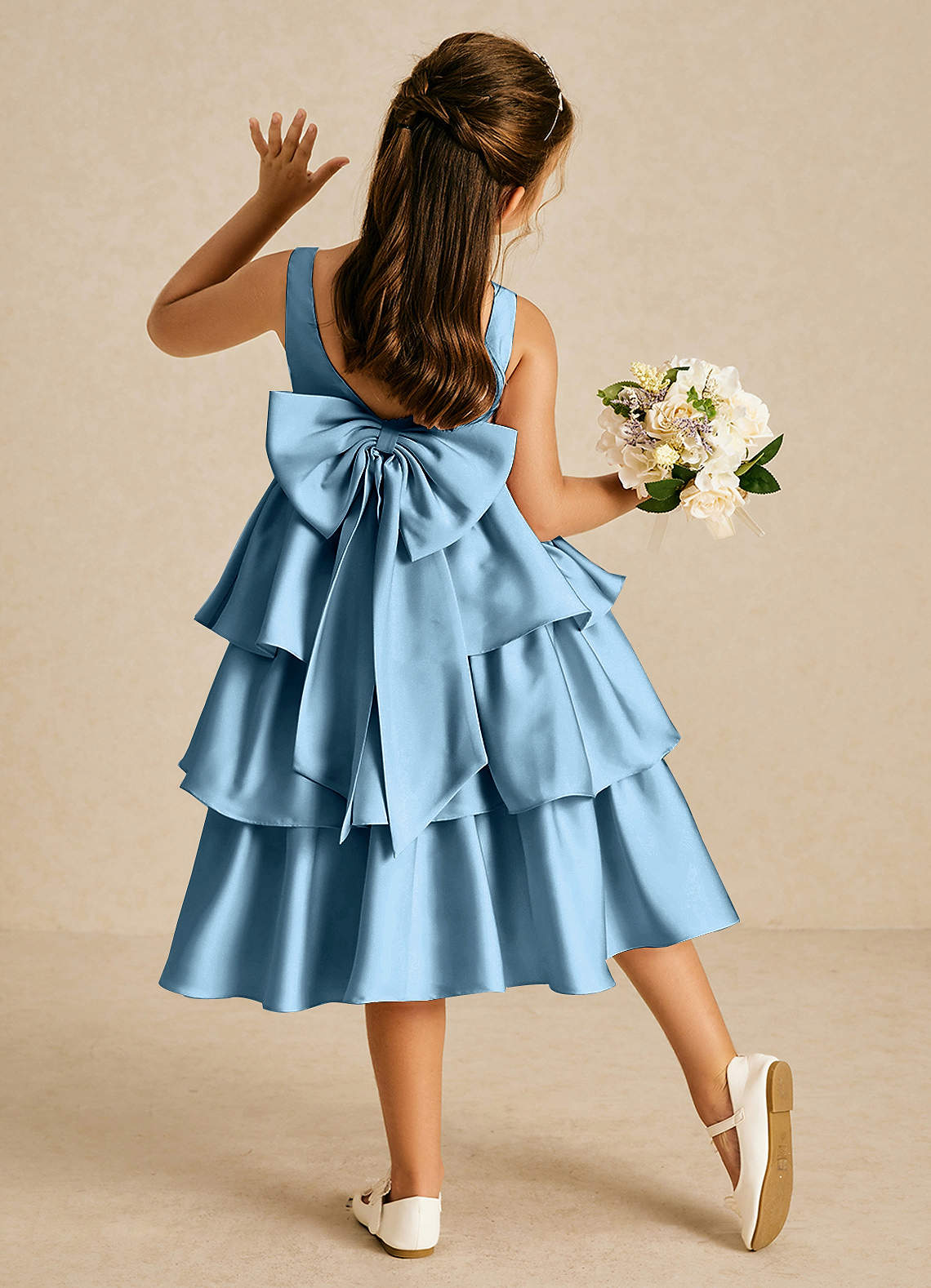 Azazie Margery vestidos de niña de las flores Vestido de Azul Acero de Satén Elástico de Corte En A con Lazo image1