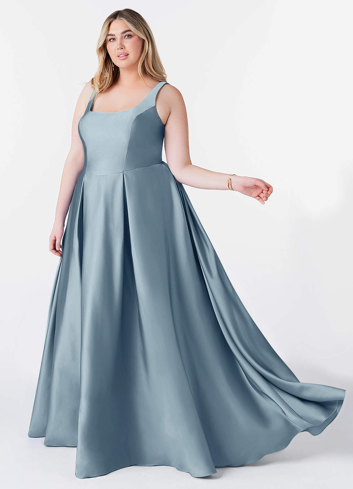 Dusty Blue Ball-Gown Pleated Matte Satin Dress main image 0