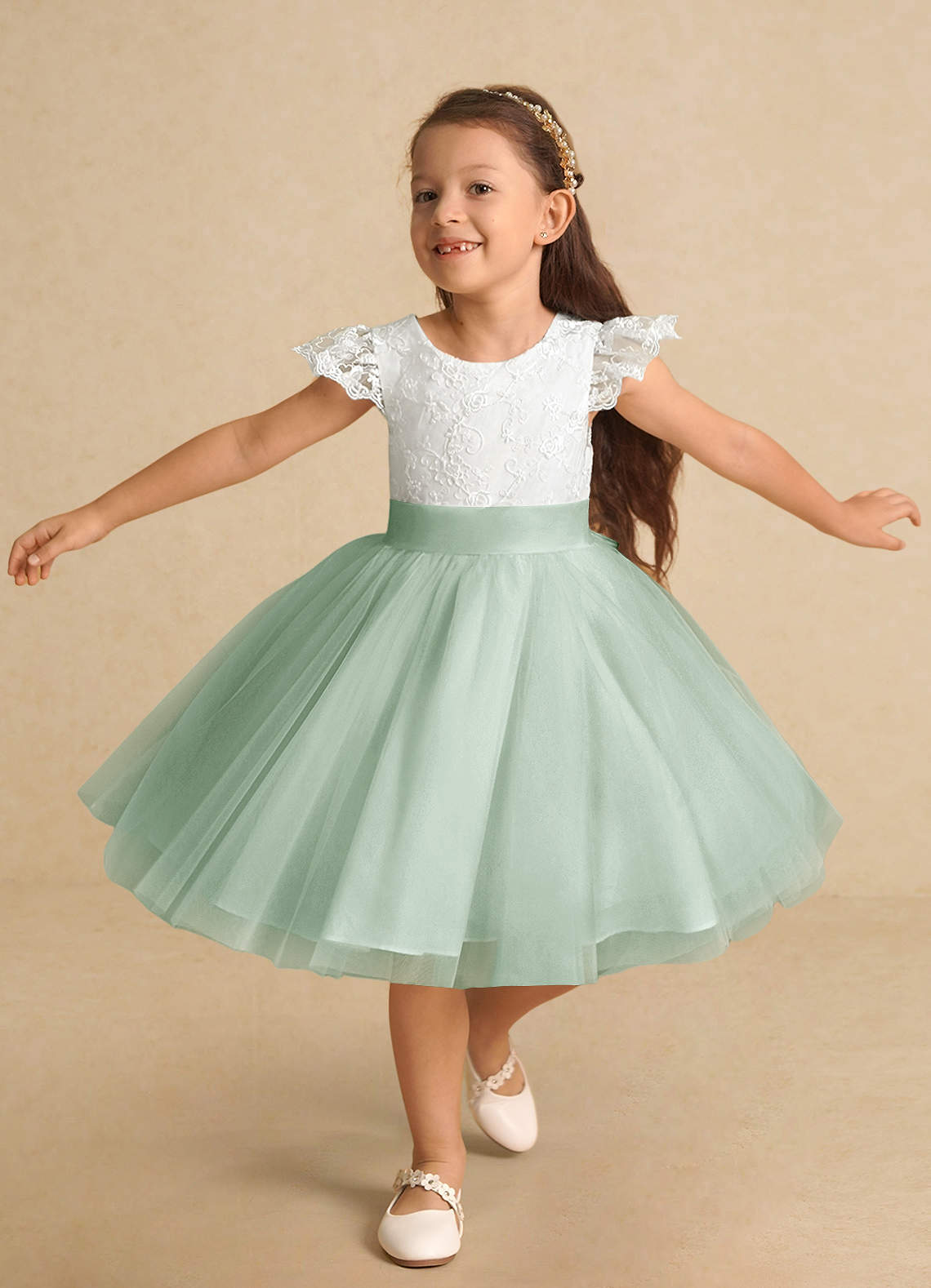 Azazie Vetty Flower Girl Dresses Ivory Agave A-Line Lace Tulle Dress image4