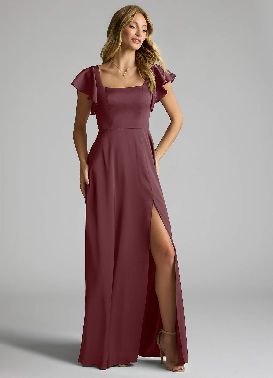 Azazie Bondi Bridesmaid Dresses Sangria A-Line Bow Stretch Satin Dress image1