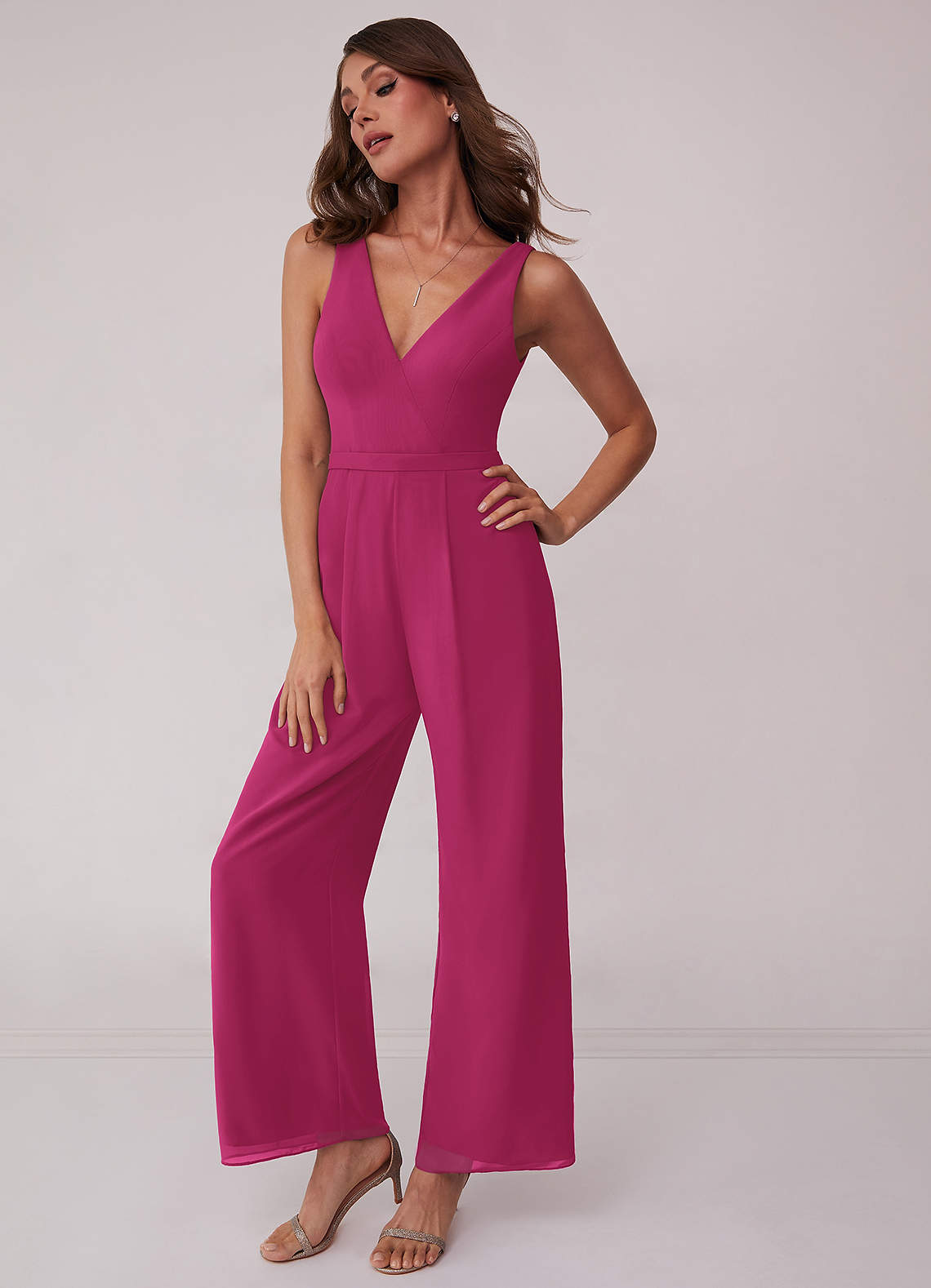 Barbie Pink Shirred V Neck Chiffon Jumpsuit Bridesmaid Dresses Azazie 3519