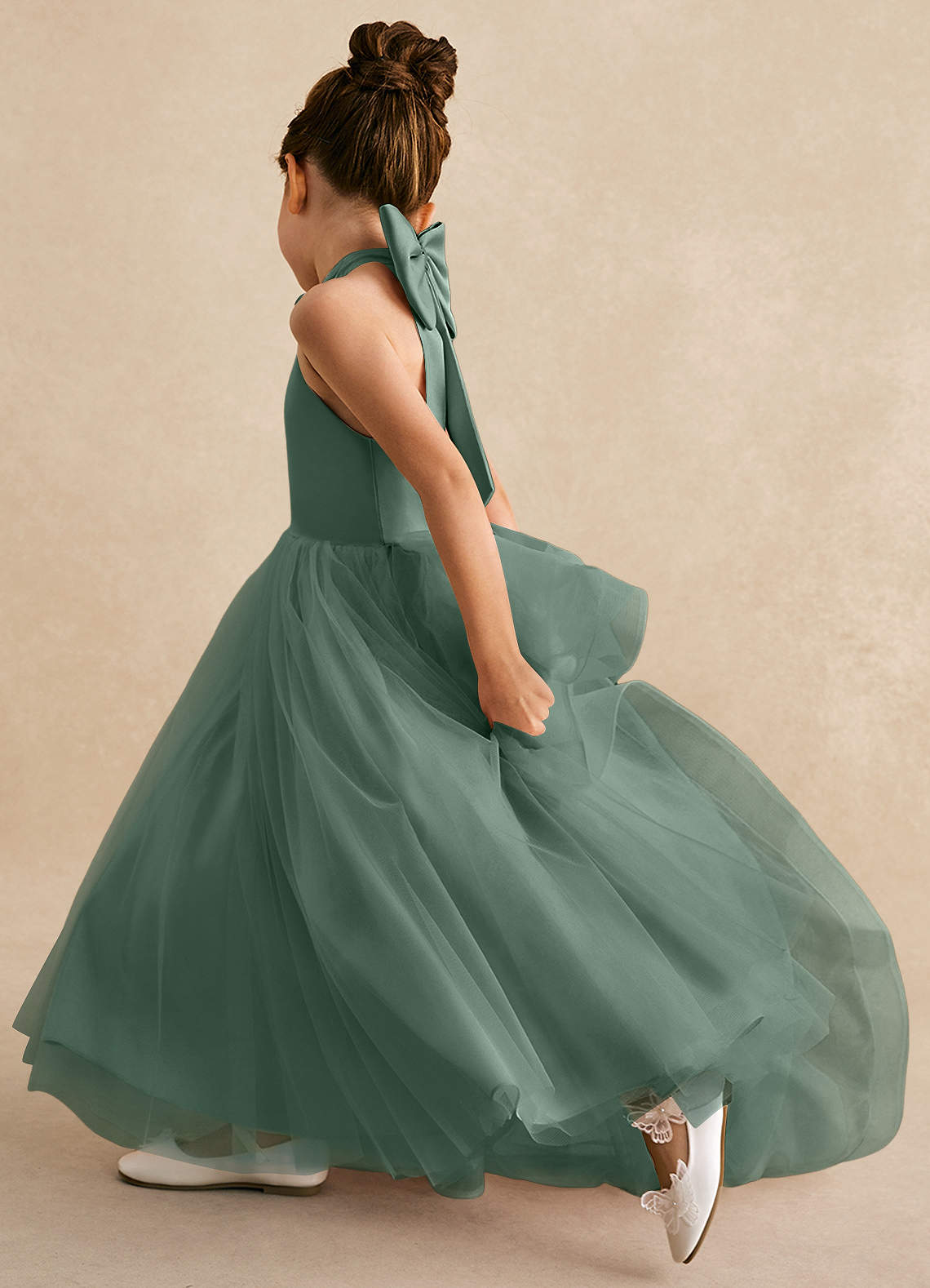 Azazie Bev Flower Girl Dresses Eucalyptus A-Line Convertible Tulle Dress image6