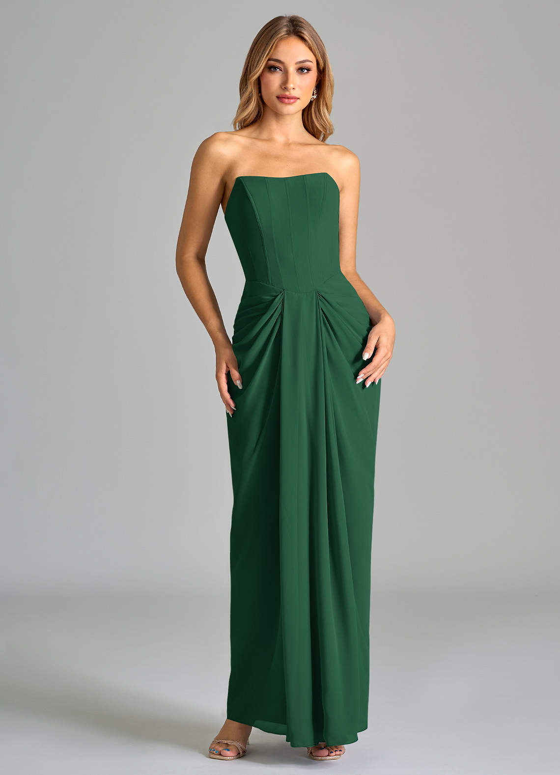 Azazie Anaïs Bridesmaid Dresses Dark Green Sheath Strapless Chiffon Dress image1