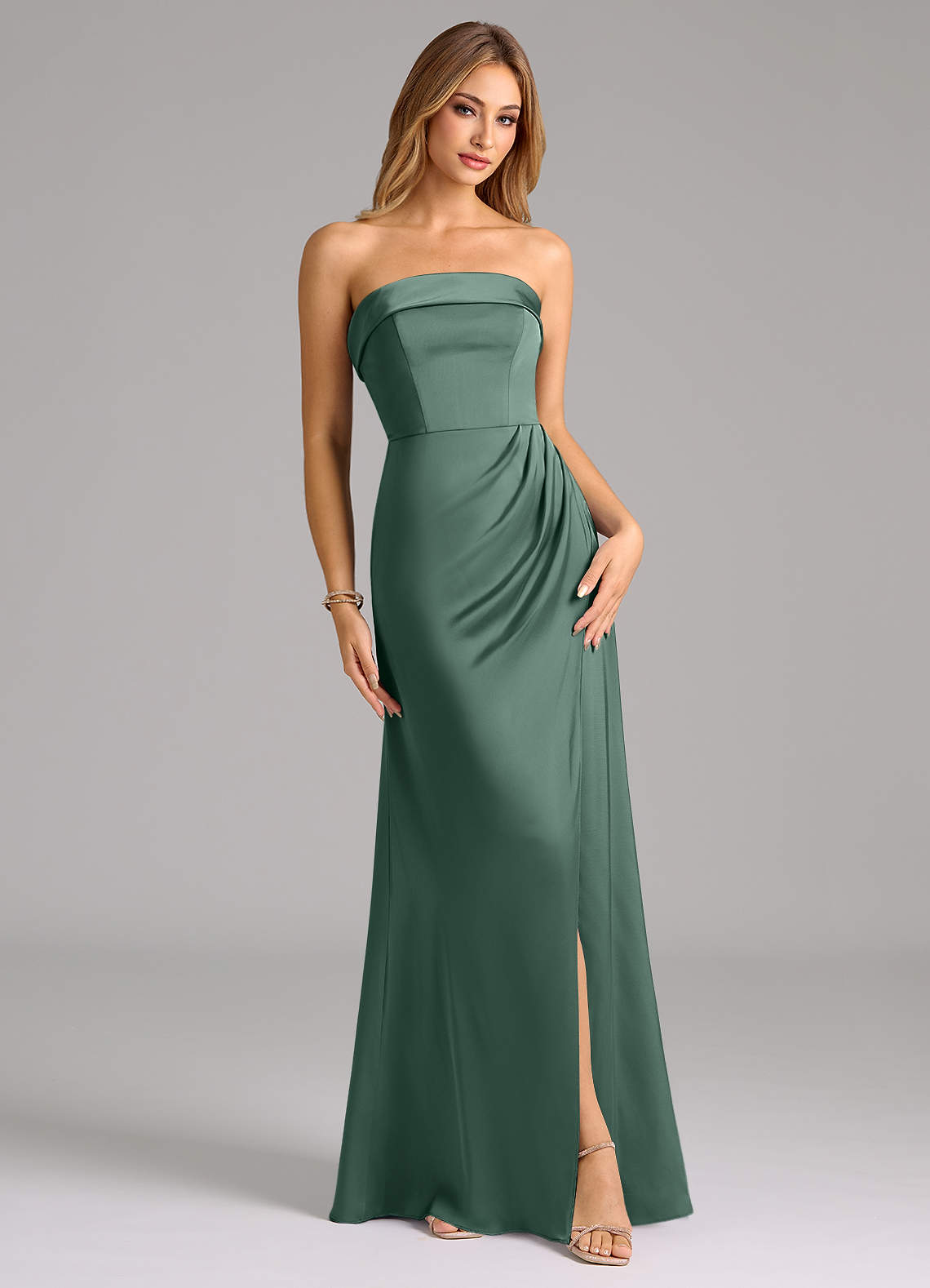 Azazie Aretha Bridesmaid Dresses Eucalyptus A-Line Strapless Stretch Satin Convertible Dress image1