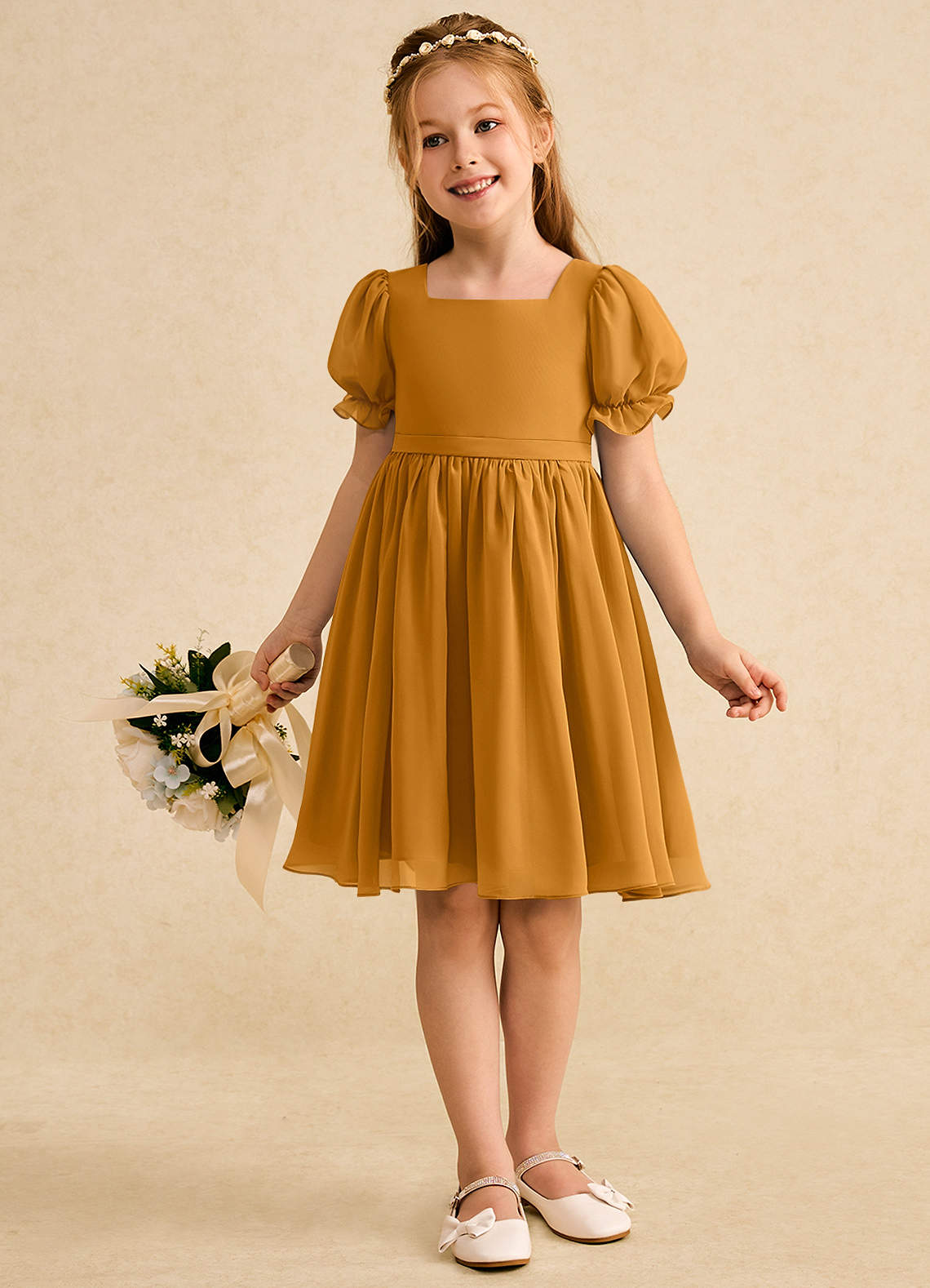 Azazie Jolie Blumenmädchenkleider A-Linie mit ärmel Chiffon Kleid Butterscotch image3