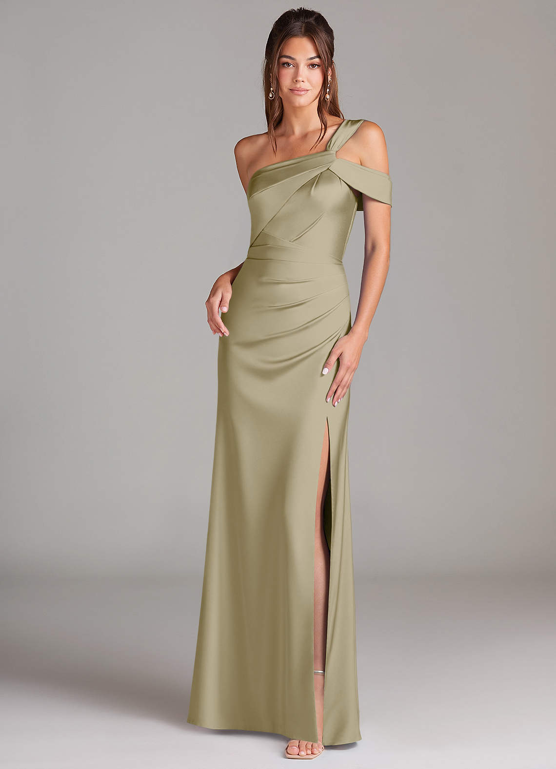 Azazie Wynter Bridesmaid Dresses Moss Green Sheath Off the Shoulder Stretch Satin Dress image1