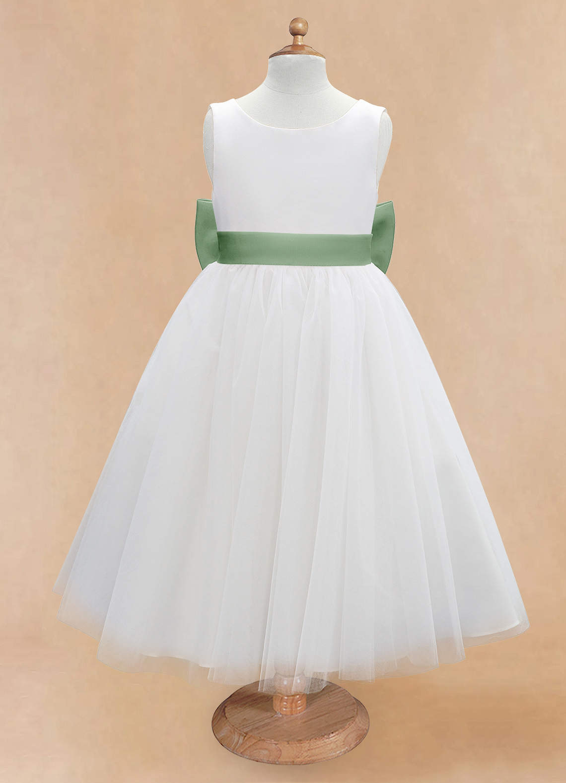 Azazie Kavi Robe Demoiselle D'honneur Fillette Robe Trapèze en Mat Satiné Arc Ivoire Matcha image6