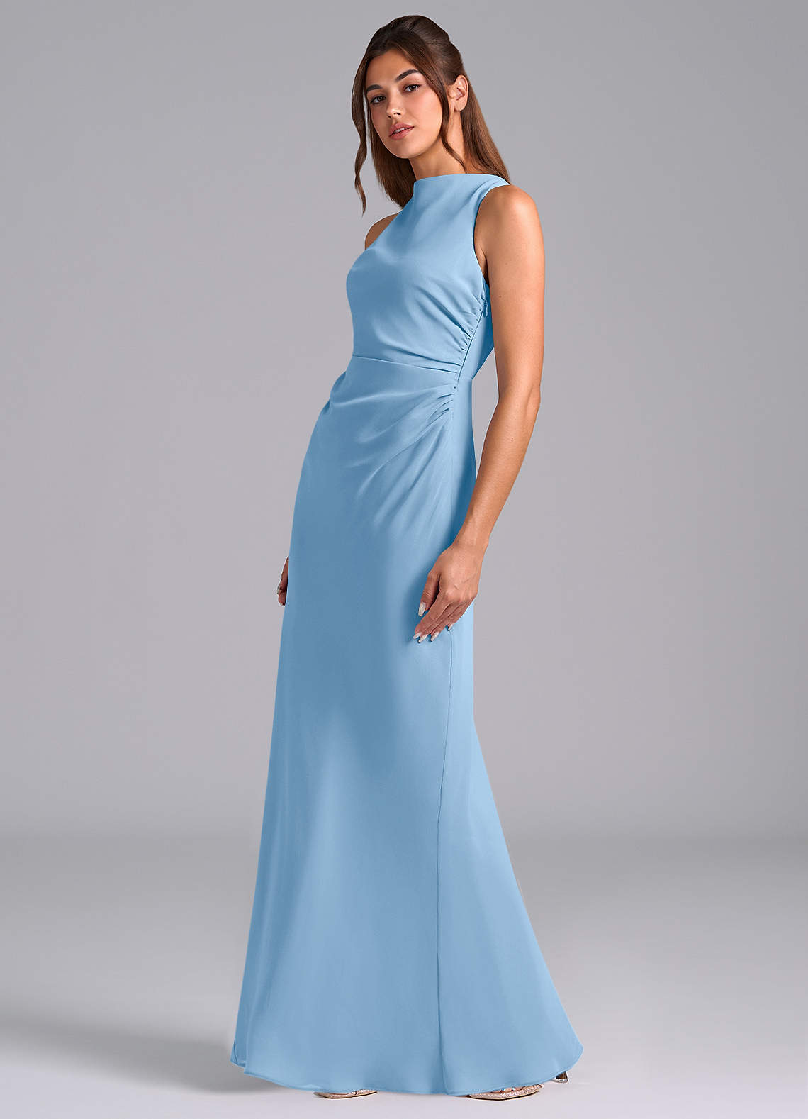 Azazie Evadne Jurken voor bruidsmeisjes Jurk van Chiffon met Kolom Geplooid Poederblauw image4