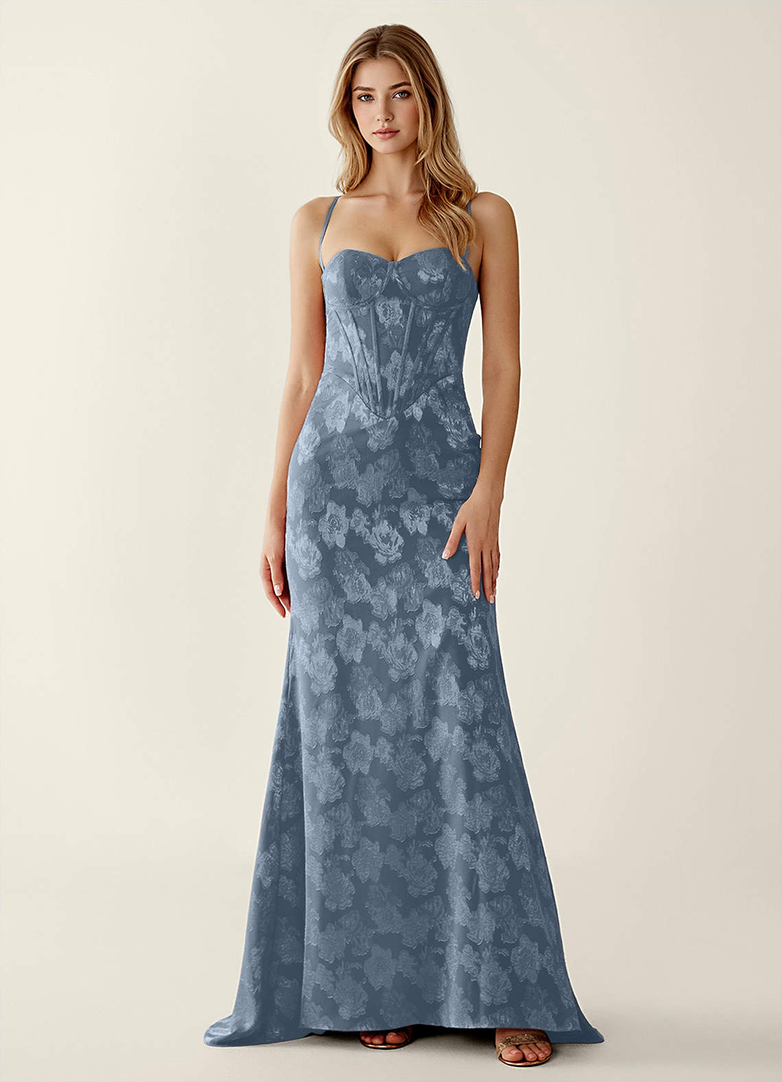 Serapheagn Dusty Blue Embossed Clipped Jacquard Prom Dress Ready to Ship