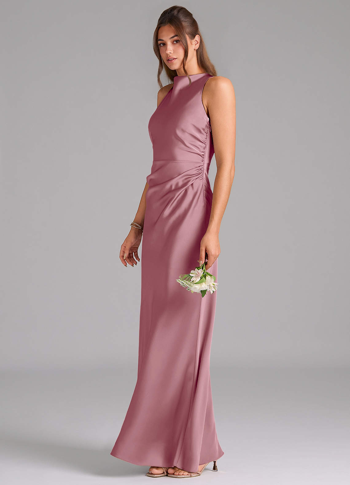 Azazie Evadne Bridesmaid Dresses Vintage Mauve A-Line Pleated Stretch Satin Dress image1