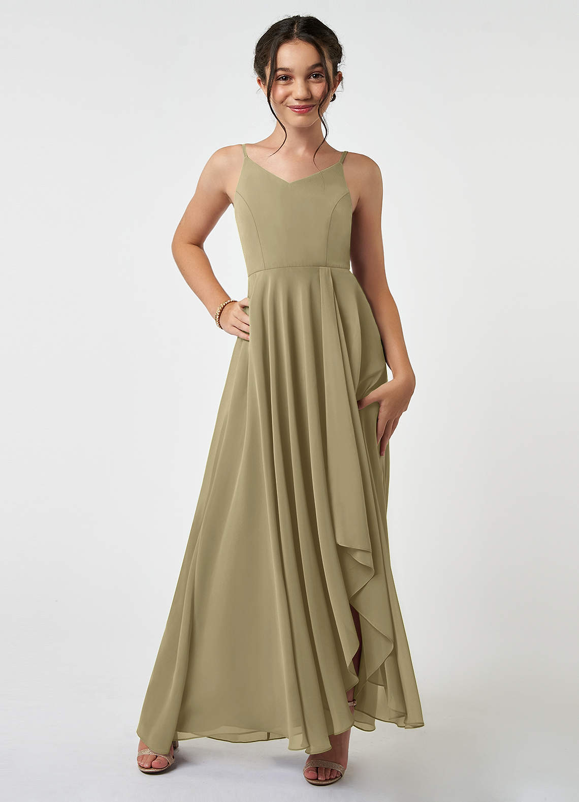 Azazie Collette Junior Moss Green A-Line Ruched Chiffon Dress image1