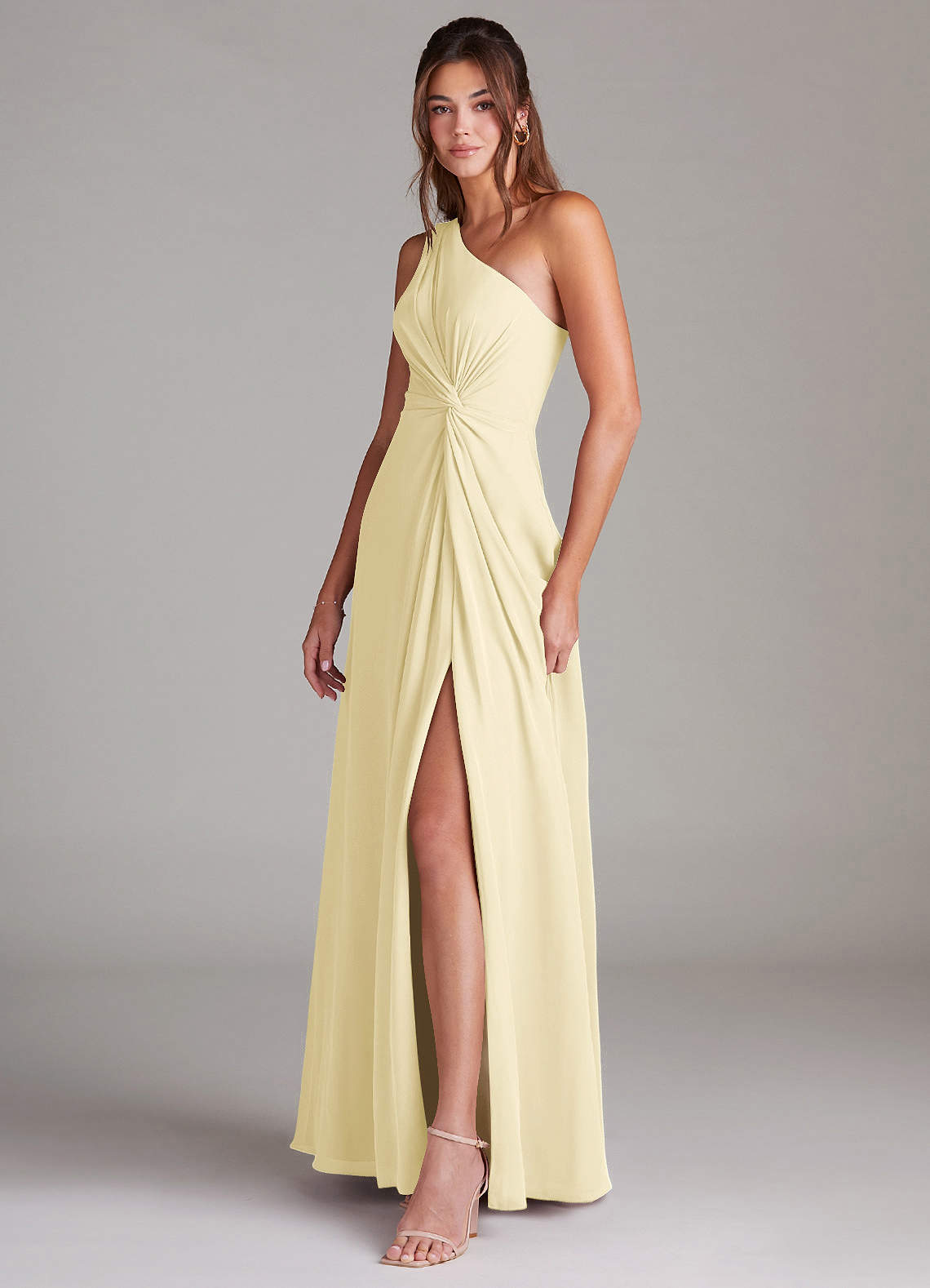 Azazie Brooke Bridesmaid Dresses Lemon Sorbet A-Line One Shoulder Chiffon Dress image4