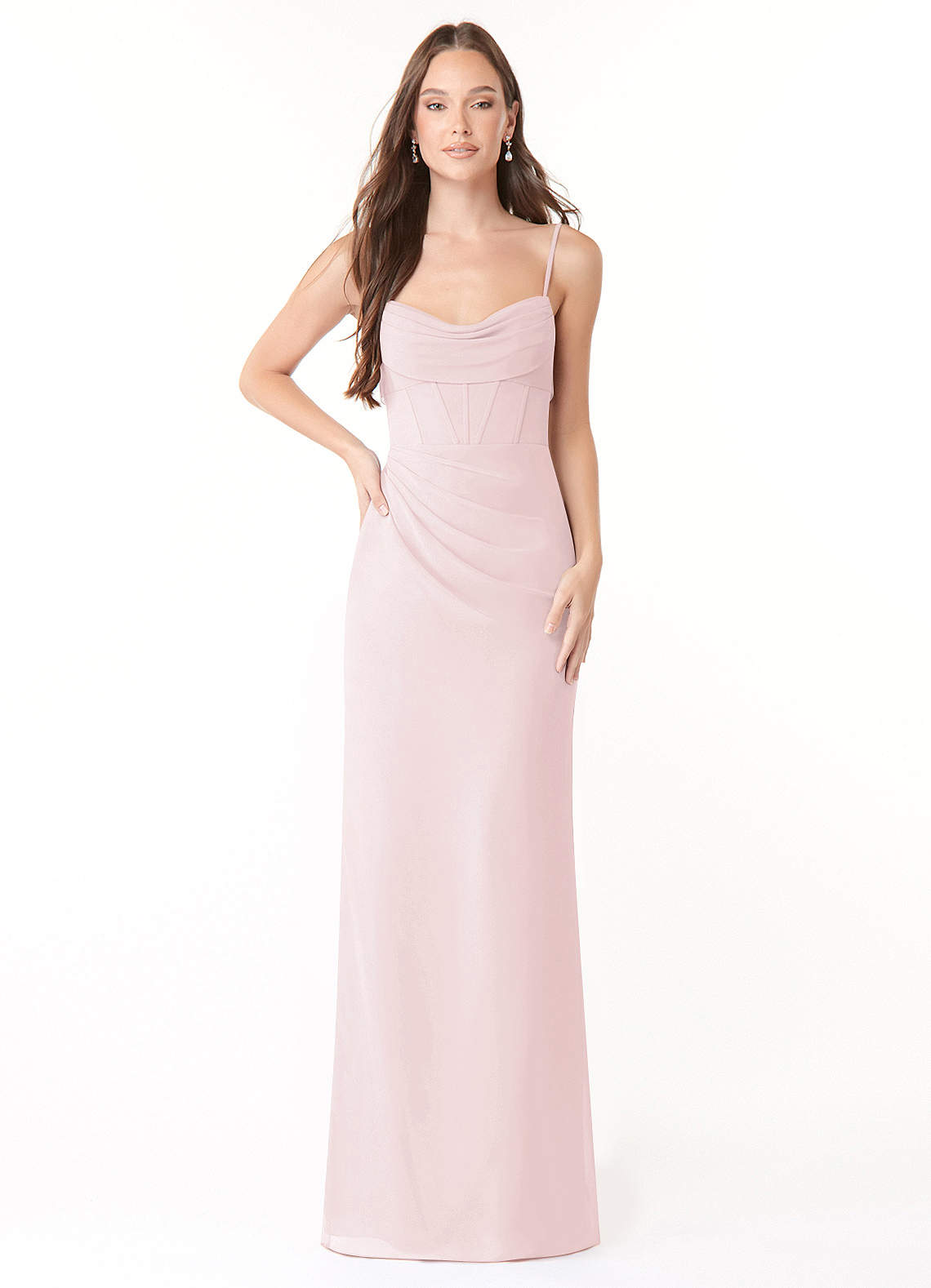 Azazie Mai Bridesmaid Dresses Blushing Pink Sheath Pleated Chiffon Dress image1