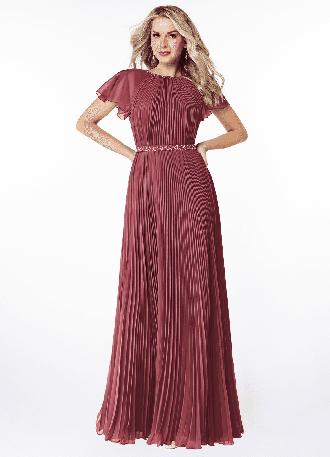 Azazie Kara Modest Bridesmaid Dresses A-Line Pleated Chiffon Floor-Length Dress image1