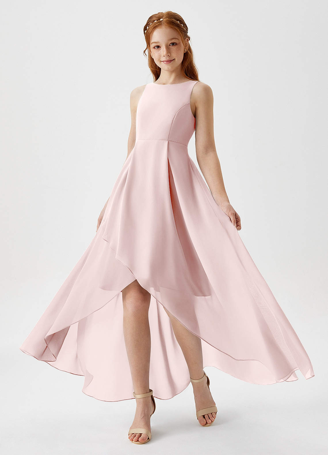 Azazie Lizette Junior Blushing Pink A-Line Pleated Chiffon Dress image1