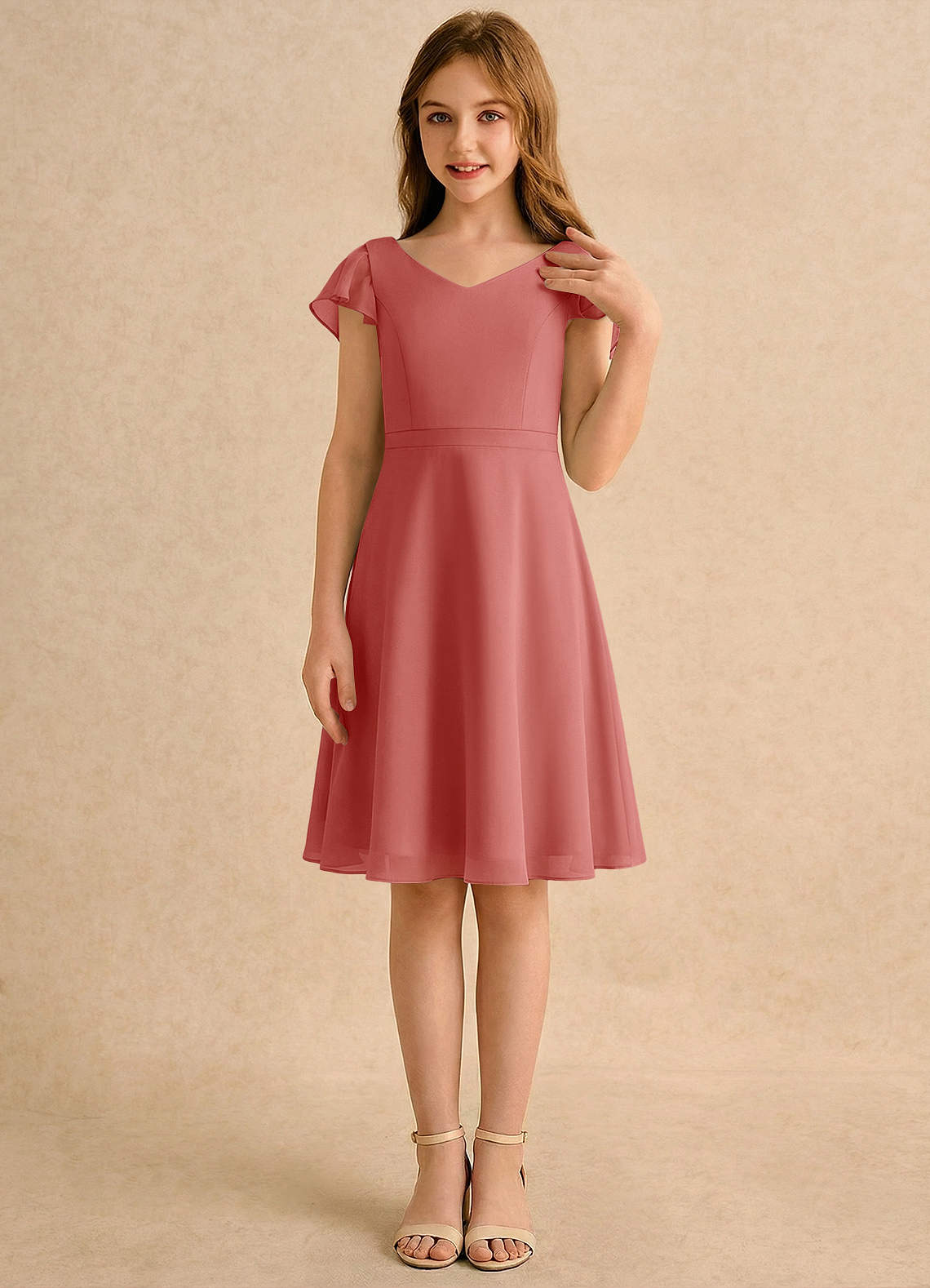 Azazie Narin Girls Formal Flower Girl Klänningar Klänning A-Line i Chiffong med ärmar image3