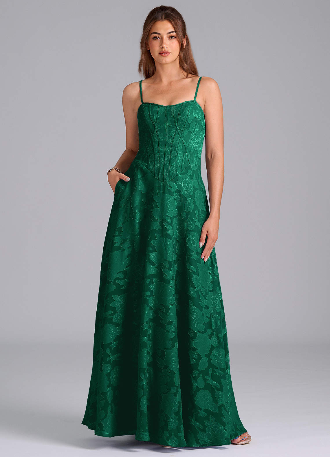 Azazie Stasy Bridesmaid Dresses Emerald A-Line Sweetheart Neckline Floral Burnout Dress image1