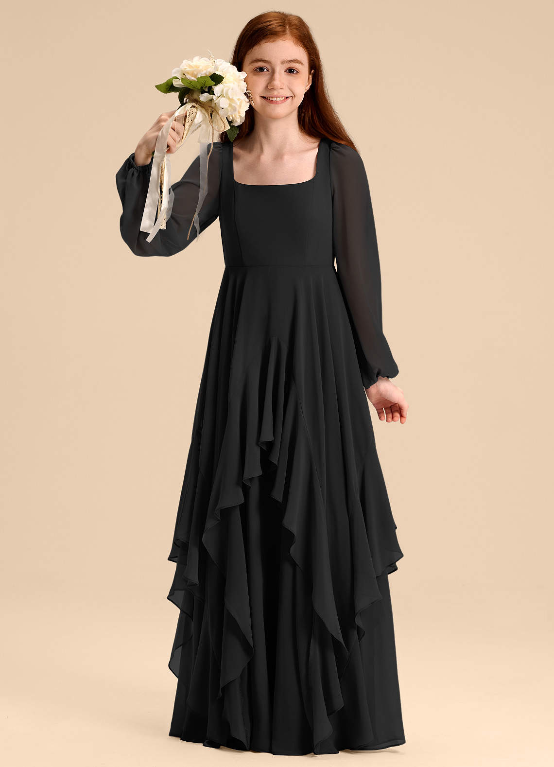 Azazie Clara Junior Abito A-Line in Chiffon Blusa Nero image1
