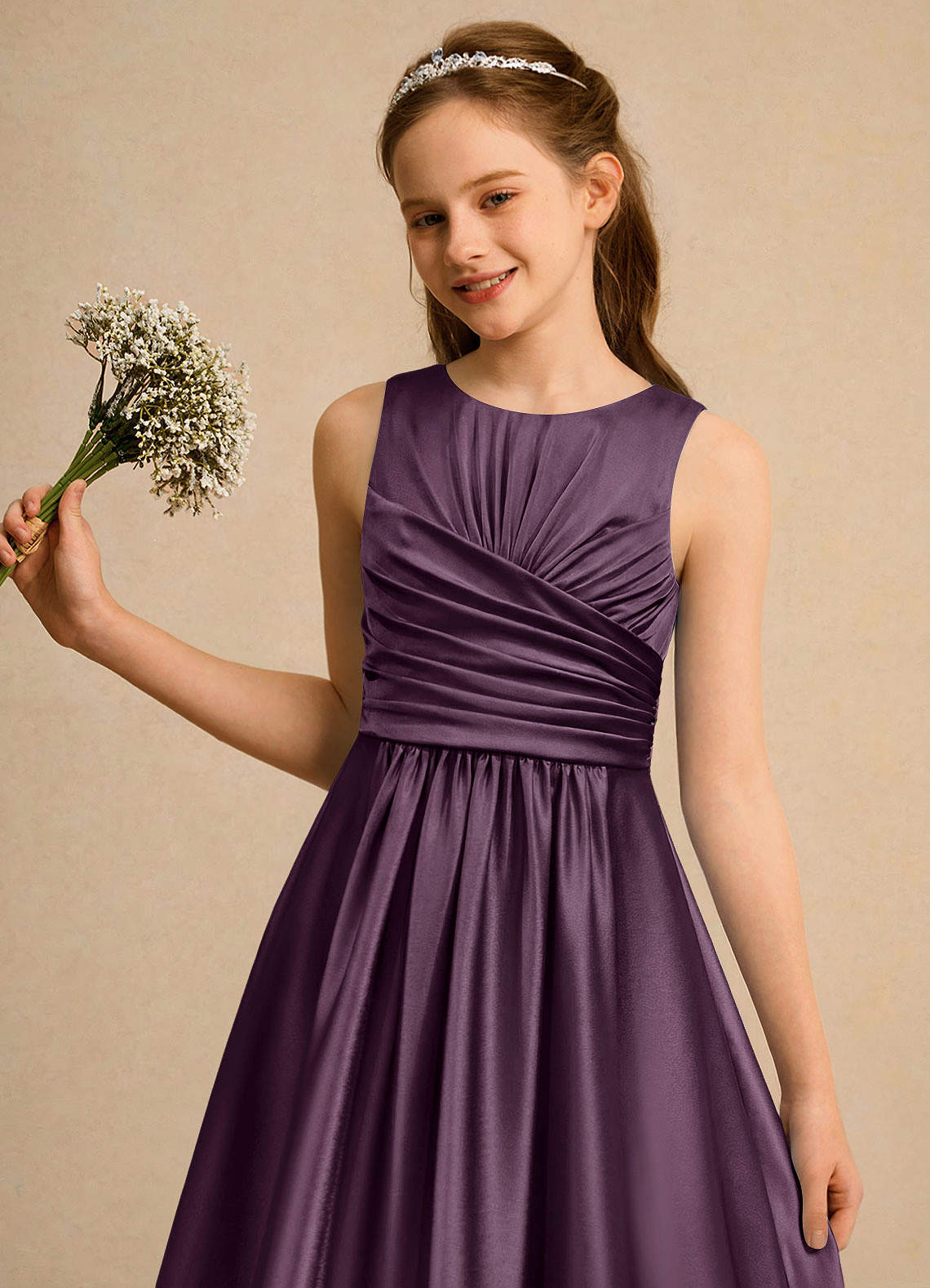 Azazie Ducky Girls Formal Jurken voor bloemenmeisjes A-Lijn Jurk van Stretch Satijn Geplooide Pruim image5