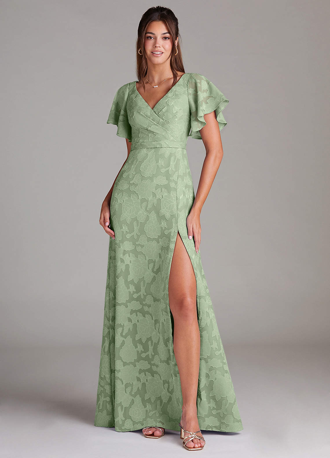 Azazie Ambrosia Bridesmaid Dresses Dusty Sage A-Line Pleated Floral Burnout Dress image1