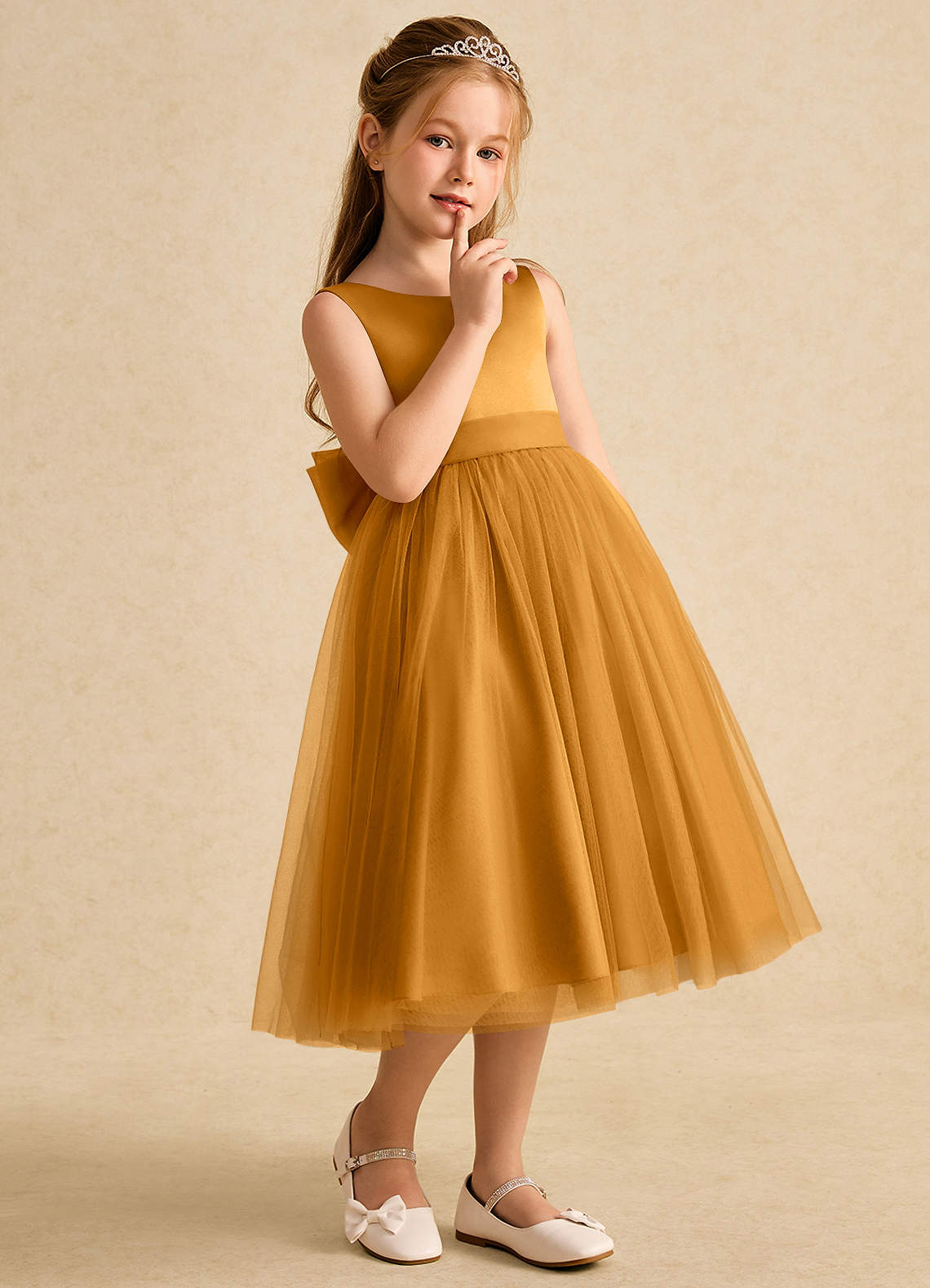 Azazie Winnie Robe Demoiselle D'honneur Fillette Robe Princesse en Tulle Arc Caramel écossais image5