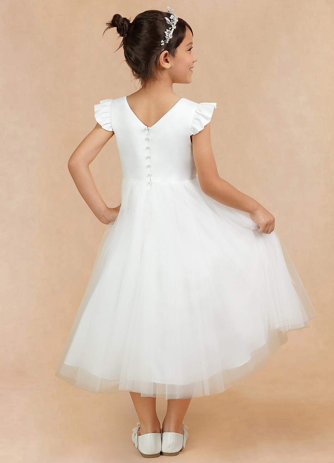 Azazie Hemi Flower Girl Dresses Ivory Pistachio A-Line Bow Tulle Dress image8