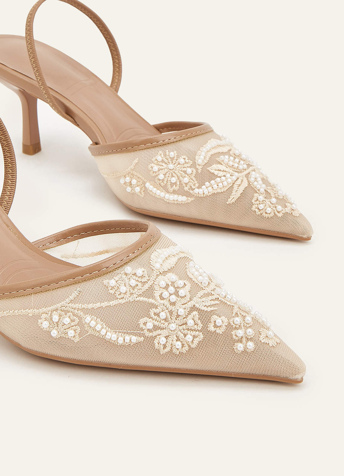 front Rosalie Pearl Embroidered Mesh Slingback Heels