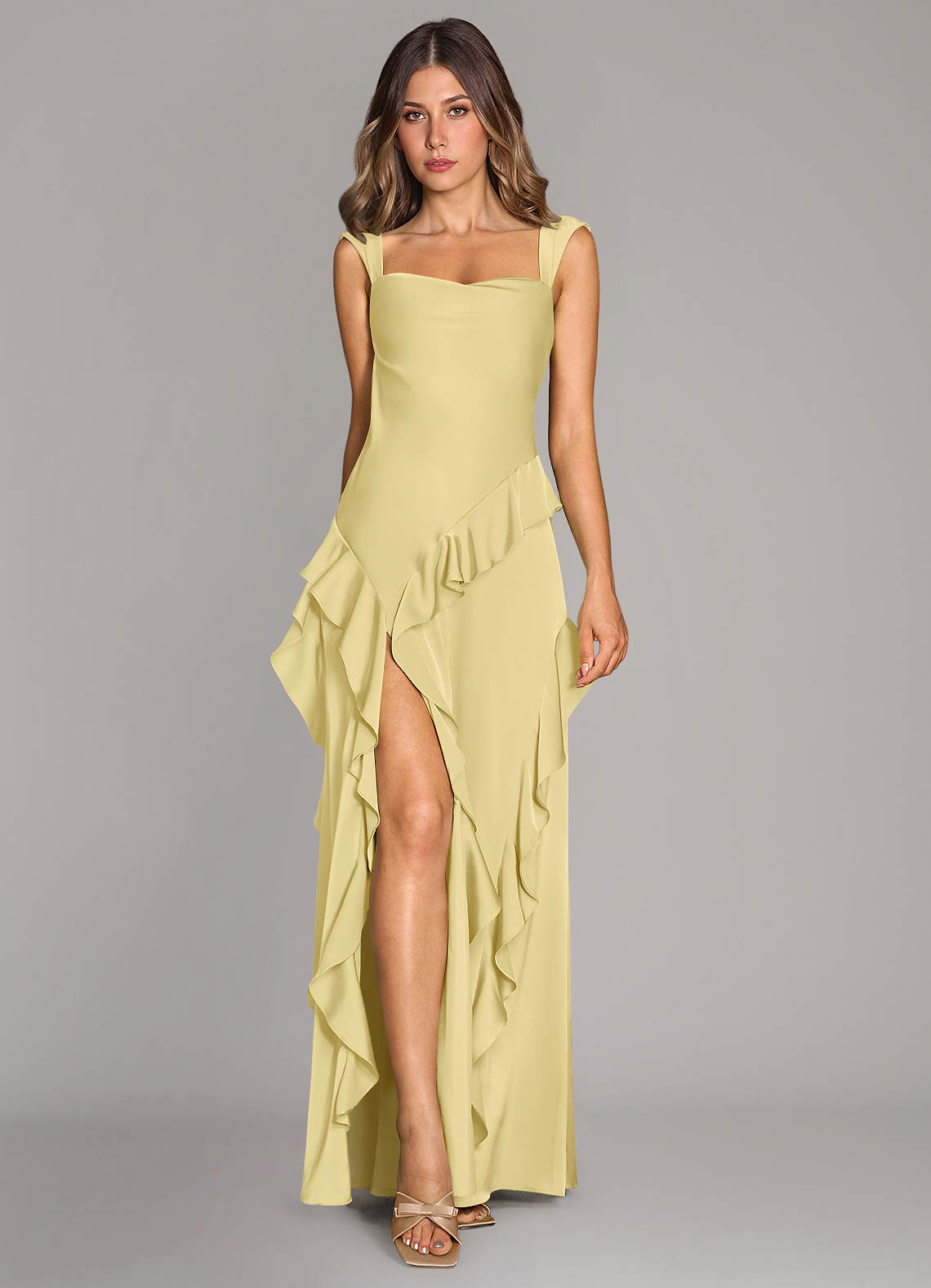 Azazie Sloane Bridesmaid Dresses Lemon Sorbet A-Line Sweetheart Neckline Stretch Satin Dress image1