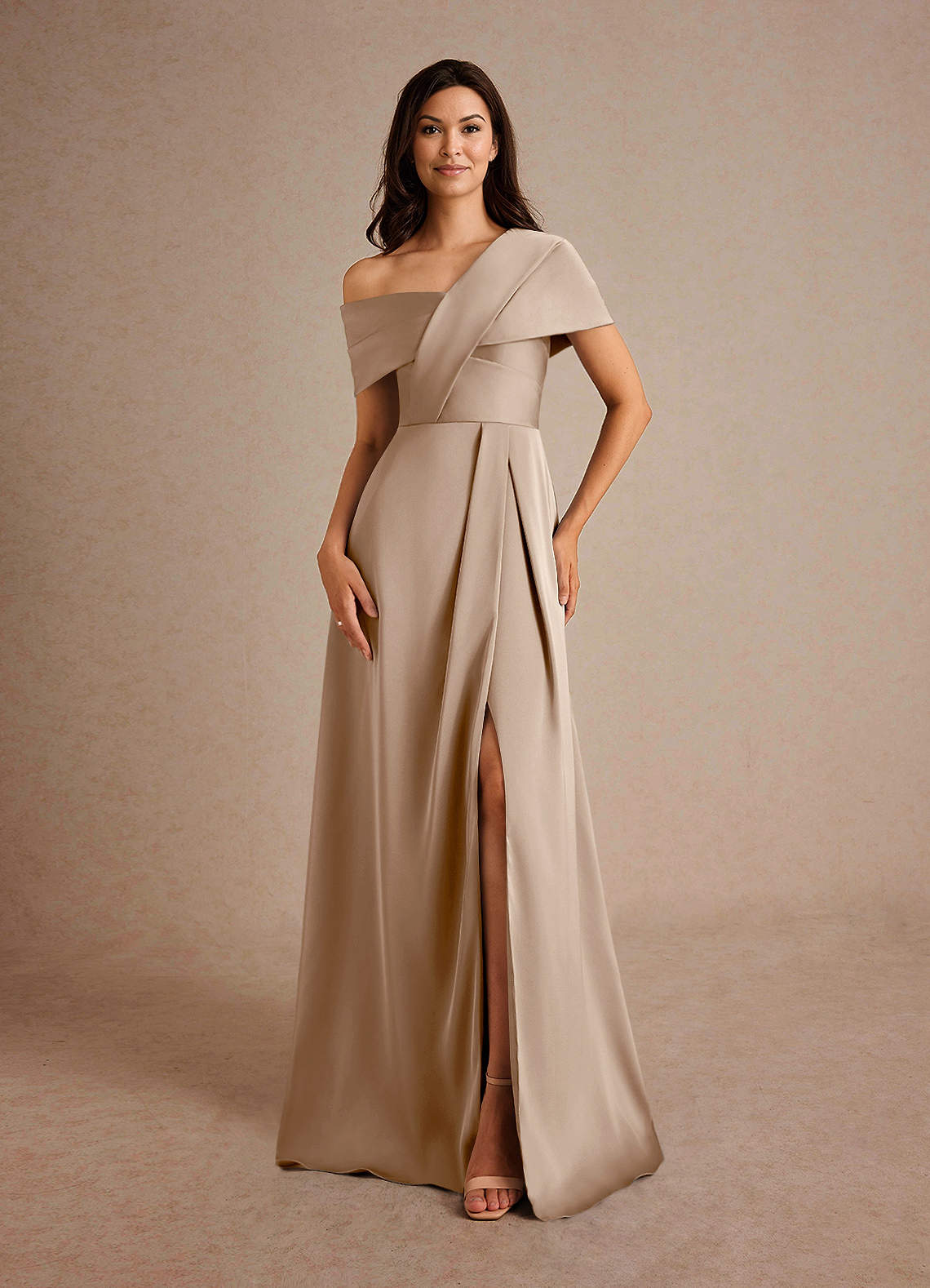 Azazie Milton Mother of the Bride Dresses Taupe A-Line Pleated Stretch Satin Dress image4