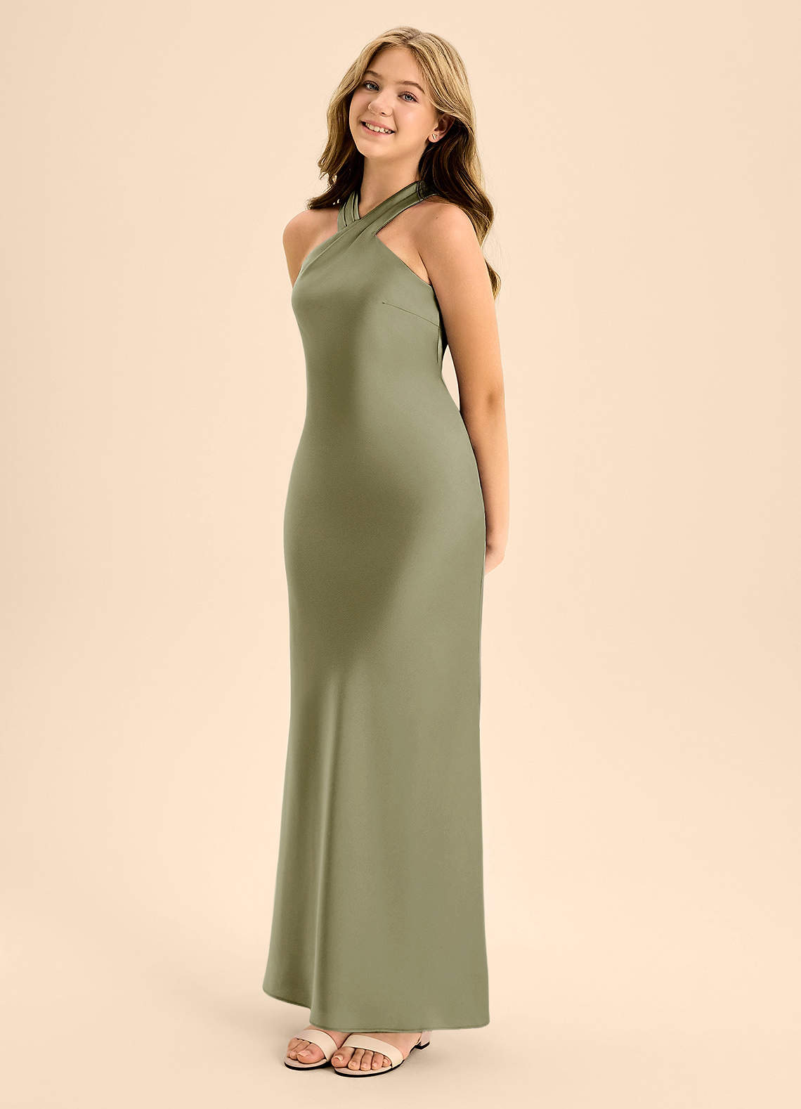 Azazie Doretta Junior Pistachio A-Line Pleated Stretch Satin Dress image2