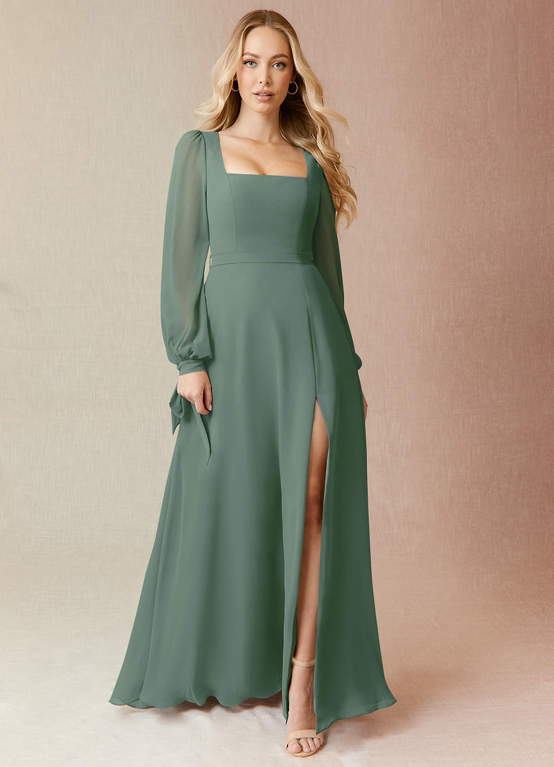 Azazie Leonia Bridesmaid Dresses Eucalyptus A-Line Long Sleeve Chiffon Dress image2