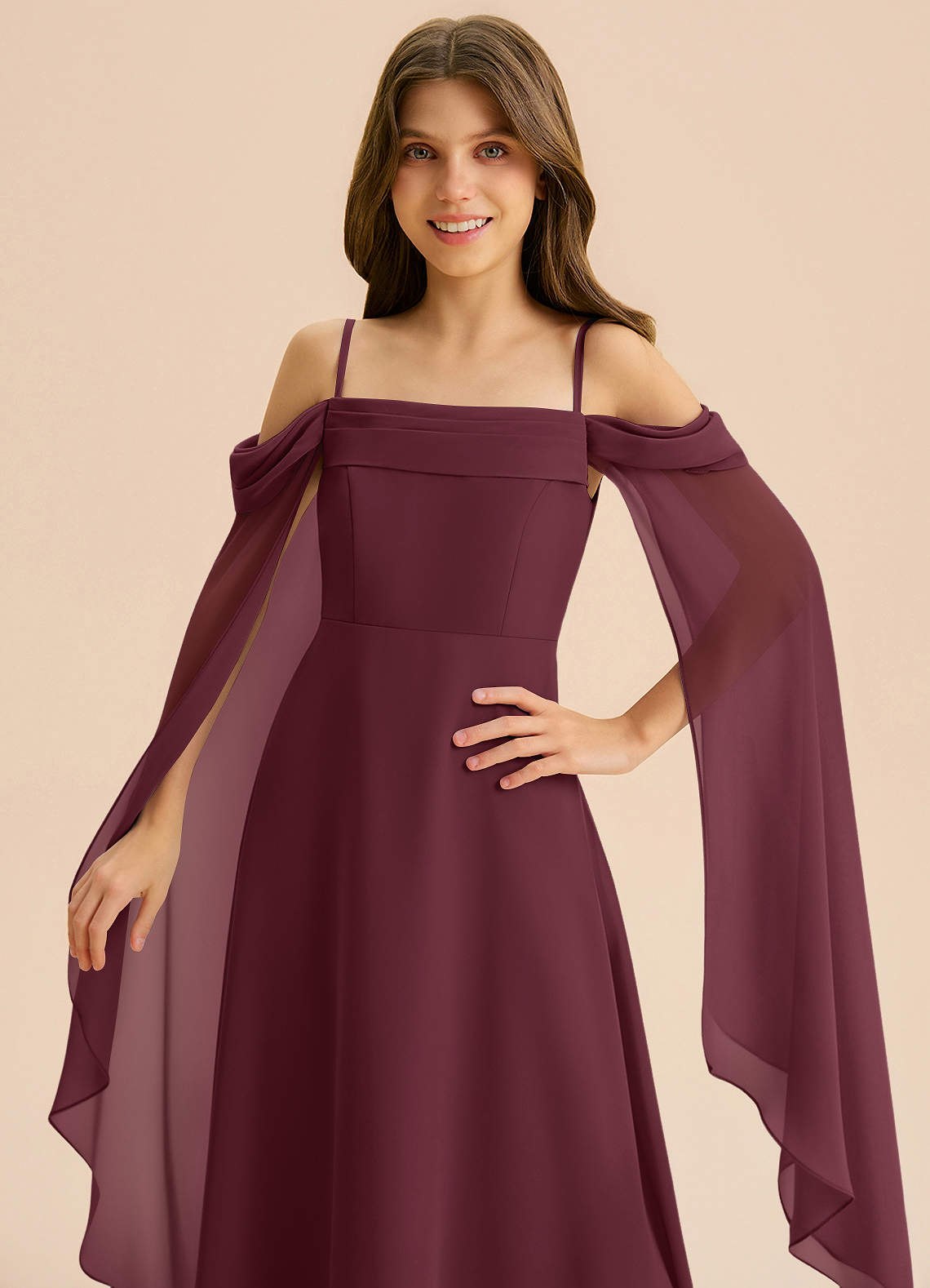 Azazie Moana Junior Cabernet A-Line Pleated Chiffon Dress image6