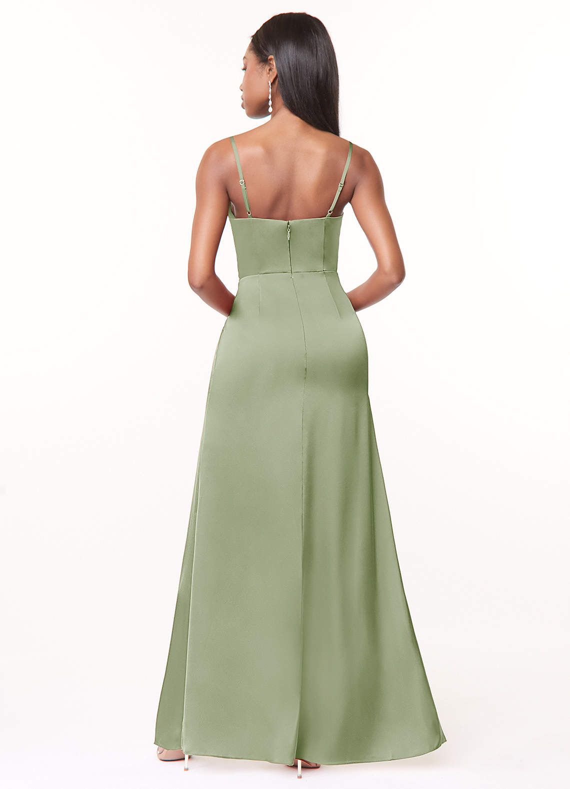 Azazie Maci Brautjungfernkleider A-Linie V-Hals Gefaltet Stretch-Satin Kleid Staubiger Salbeigrün image1