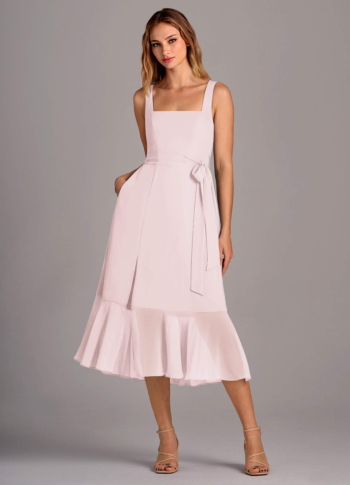 Azazie Deb Bridesmaid Dresses Blushing Pink A-Line with Pockets Chiffon Convertible Dress image1