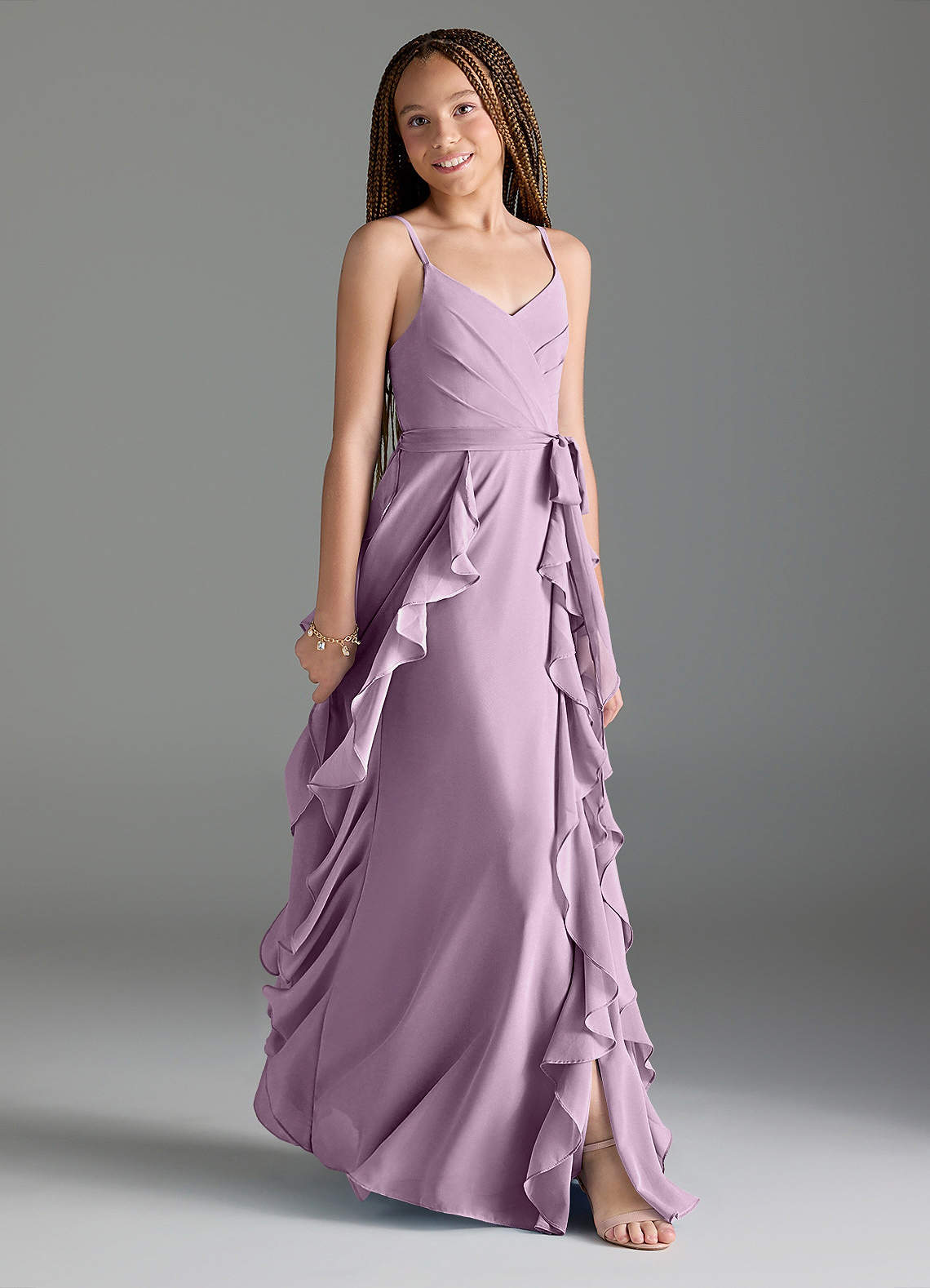 Azazie Peyton Junior Vestido Glicínia de Chiffon de Linha A com Plissado image2