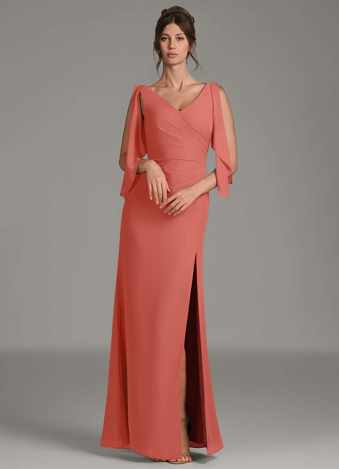 salmon bridesmaid dresses open lace back dress Mondressy Women's A-Line/Princess V-Neck Sleeveless Floor-Length Chiffon Formal Dress Evening Party Gowns, As Pic while subtle pleating through the bodice and hips gathers at the waist and leads into a skirt finished with a front side slit. One Shoulder Ruched Bridesmaid Dress