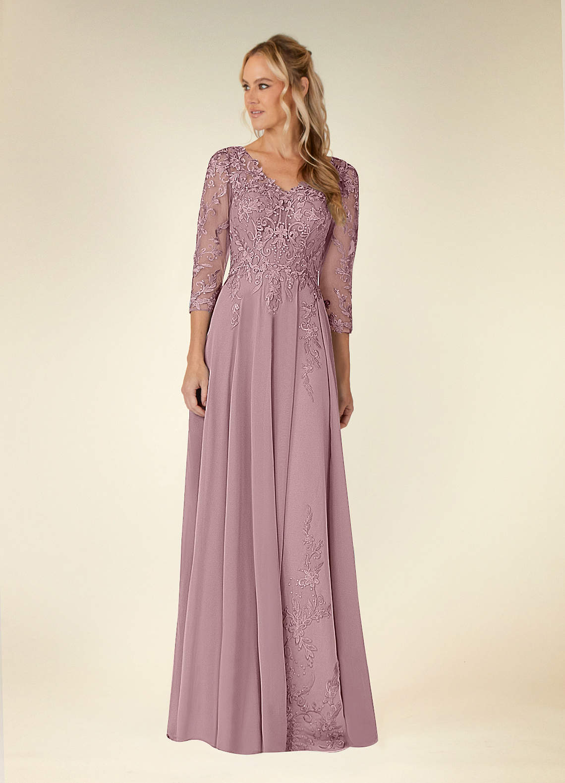 Azazie Noella vestidos de madre de la novia Vestido de Rosa Polvorienta de Gasa de Corte en A con Encaje cuello pico image1
