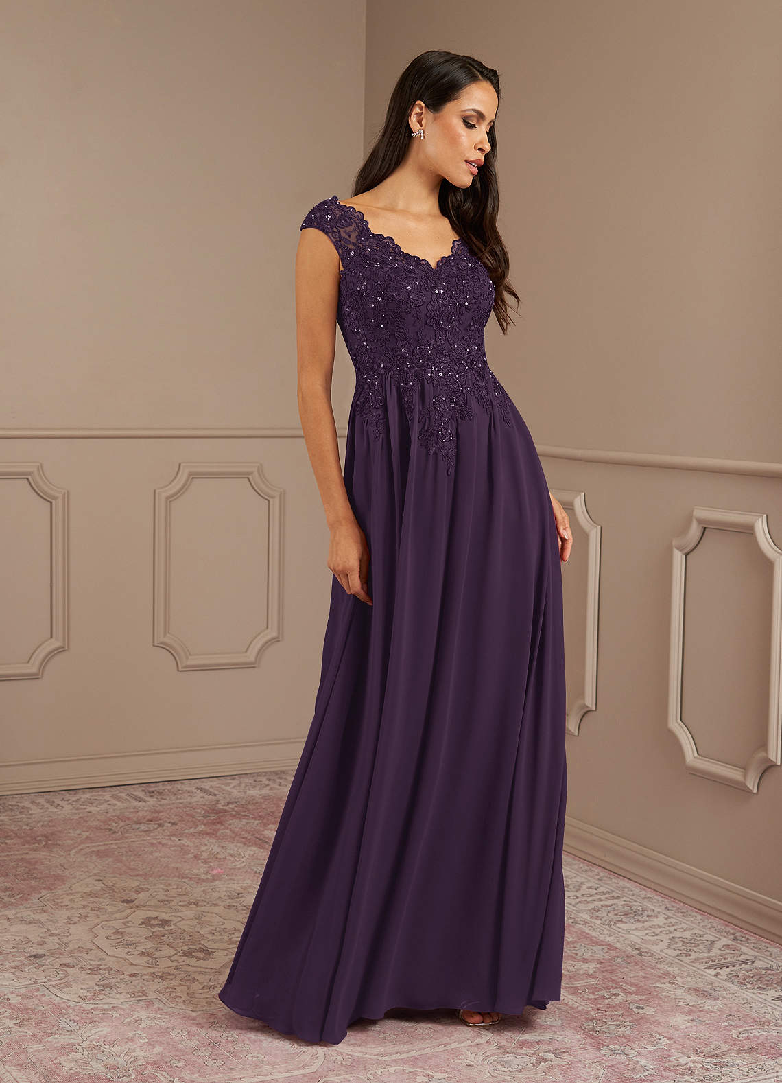 Azazie Plus Size A-Line/Princess V-Neck Floor-Length Lace Mother of The Bride or Groom Dresses - Plum