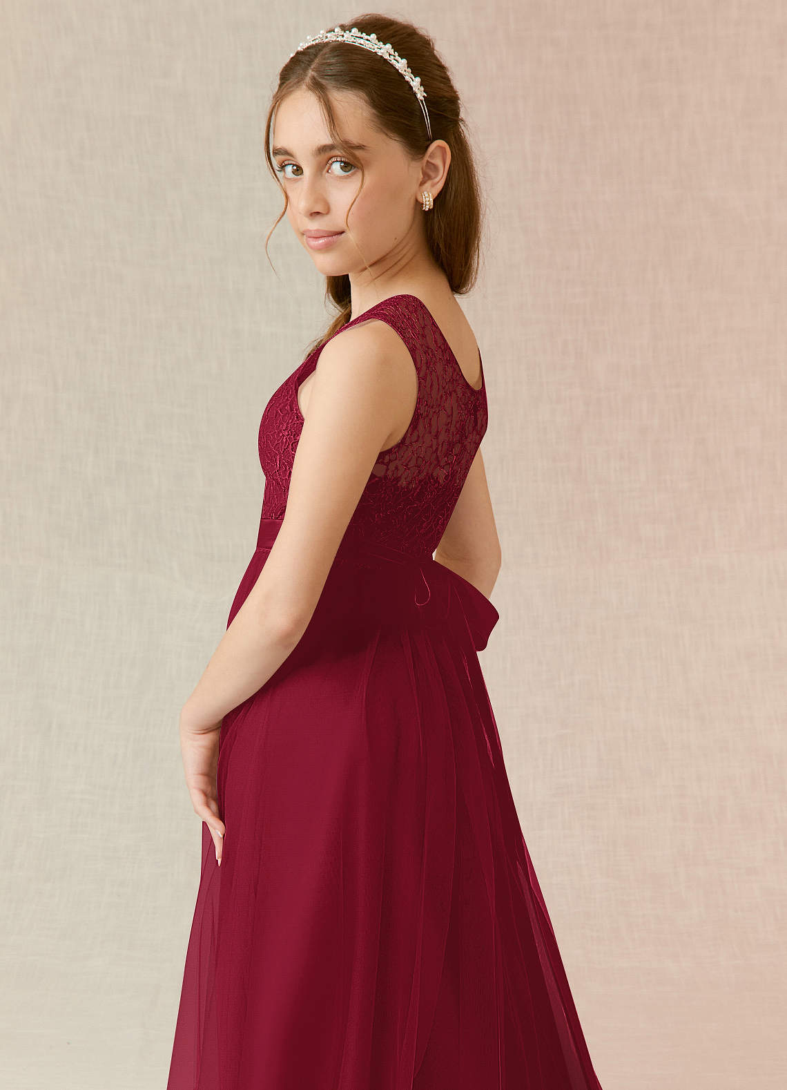 Azazie Georgette Junior Burgundy A-Line Lace Tulle Dress image5