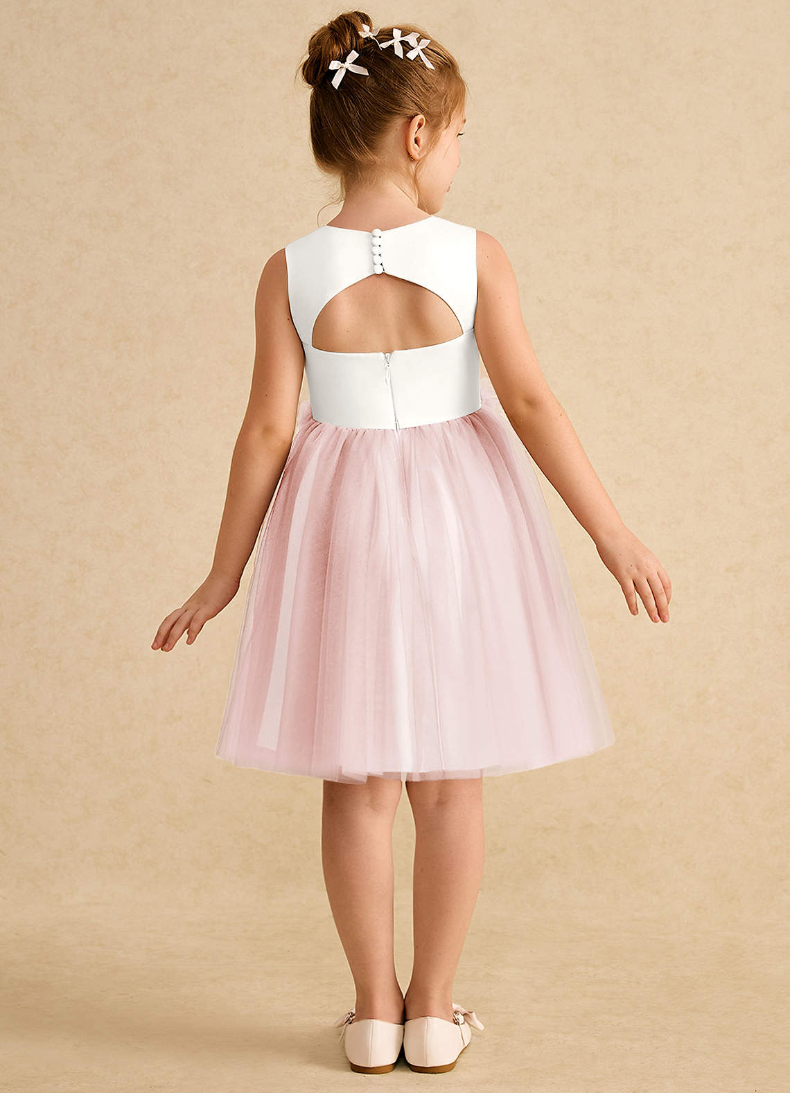 Azazie Louisa Vestidos de florista Vestido Marfim Rosa Corado de Tule de Linha A com Sem mangas image1