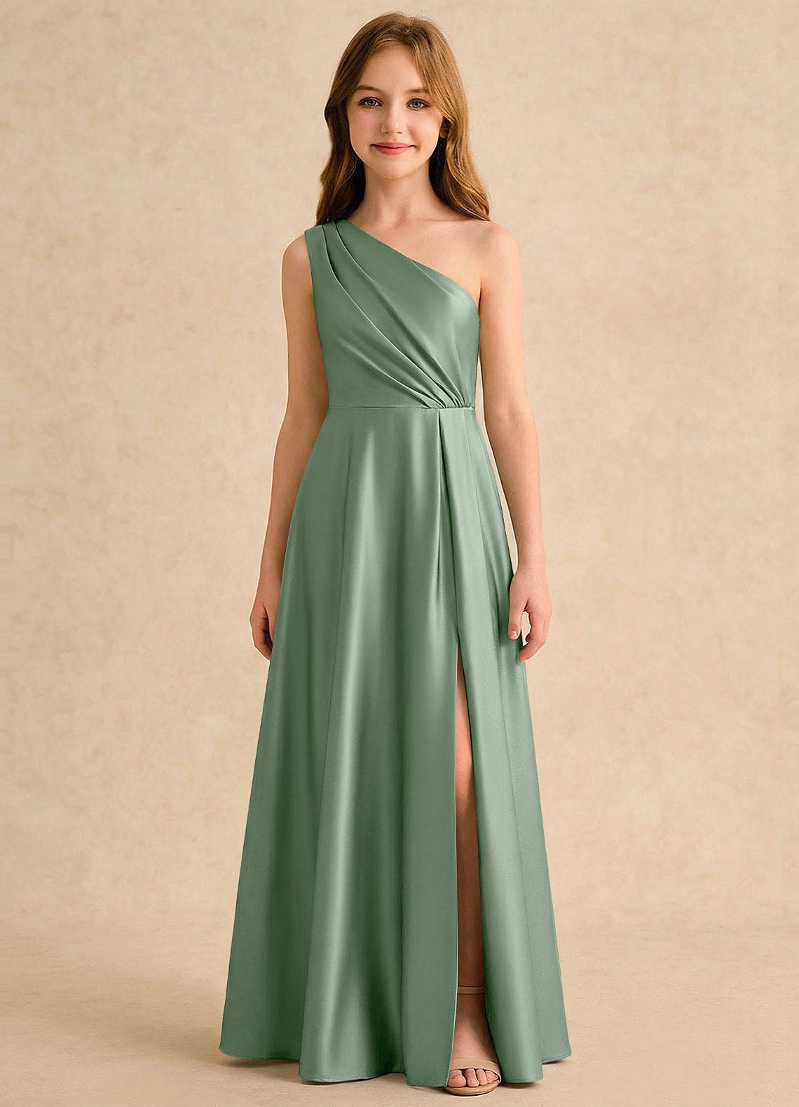 Azazie Puddles Girls Formal Robe Demoiselle D'honneur Fillette Robe Trapèze en Satin extensible Une épaule Matcha image5