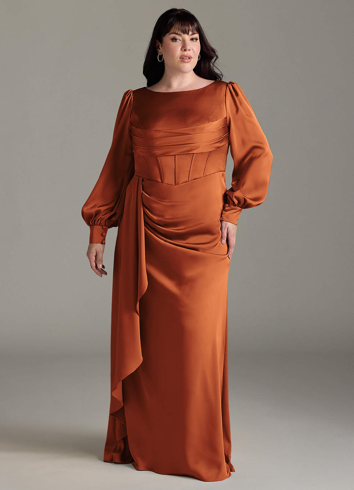 Azazie Raye Bridesmaid Dresses Cinnamon Mermaid Long Sleeve Stretch Satin Dress image1