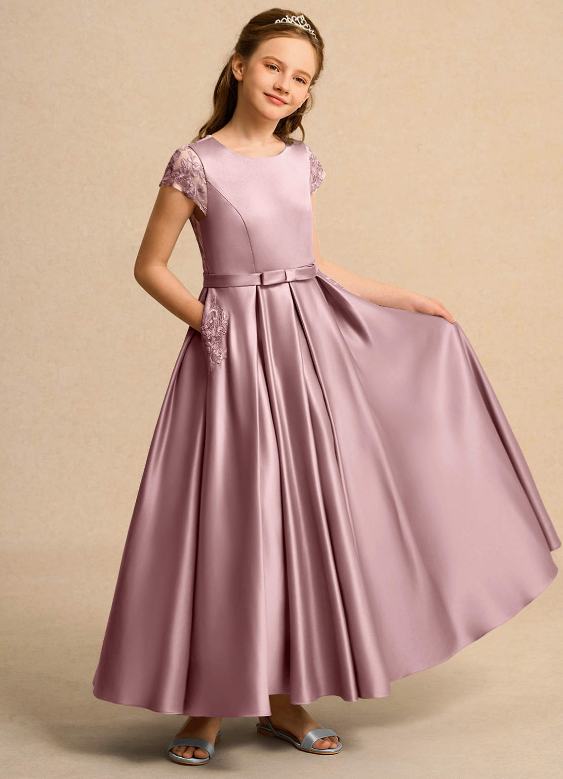 Azazie Bunny Girl vestidos de niña de las flores Vestido de Rosa Polvorienta de Encaje de Princesa image1