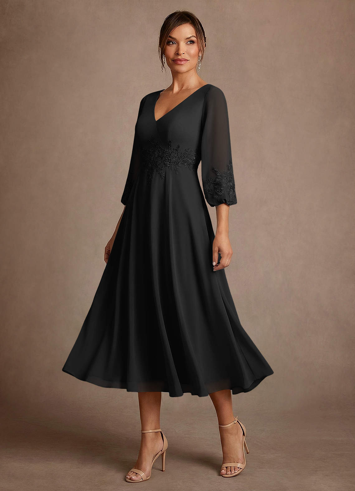 Azazie Ana Vestidos para mãe da noiva Vestido Preto de Chiffon de Linha A com Renda image3