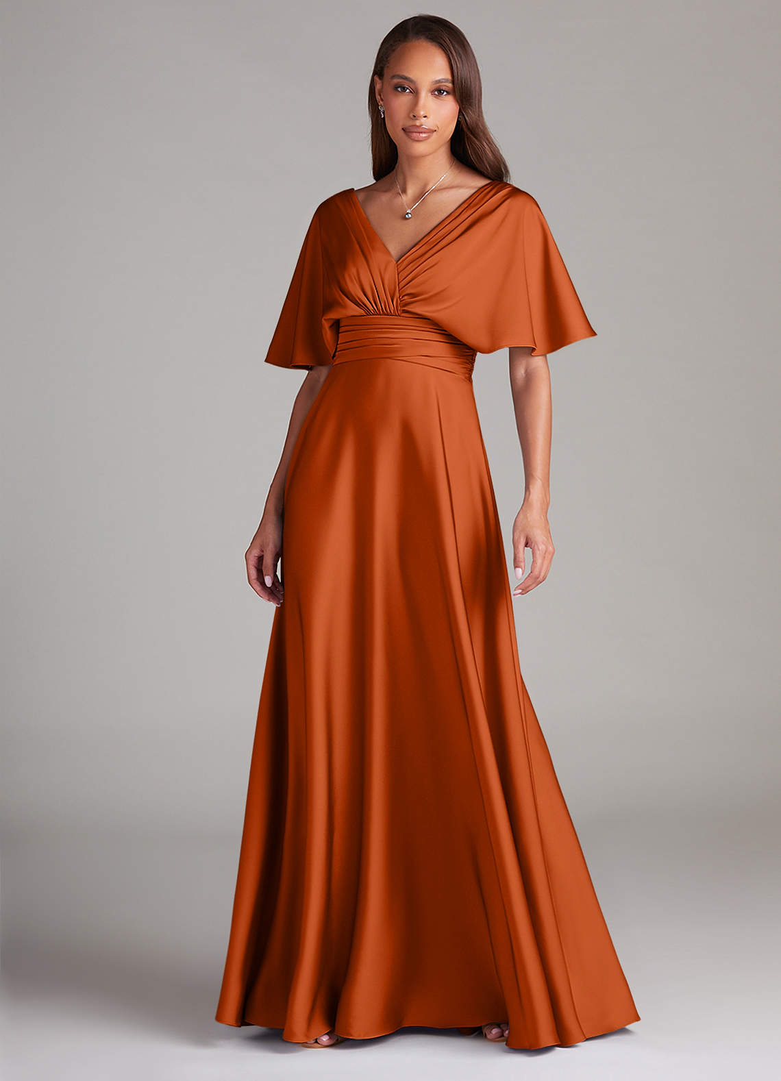 Azazie Pamela Vestidos de damas de honor Vestido de Naranja Quemada de Satén Elástico de Corte en A con Plisado image1