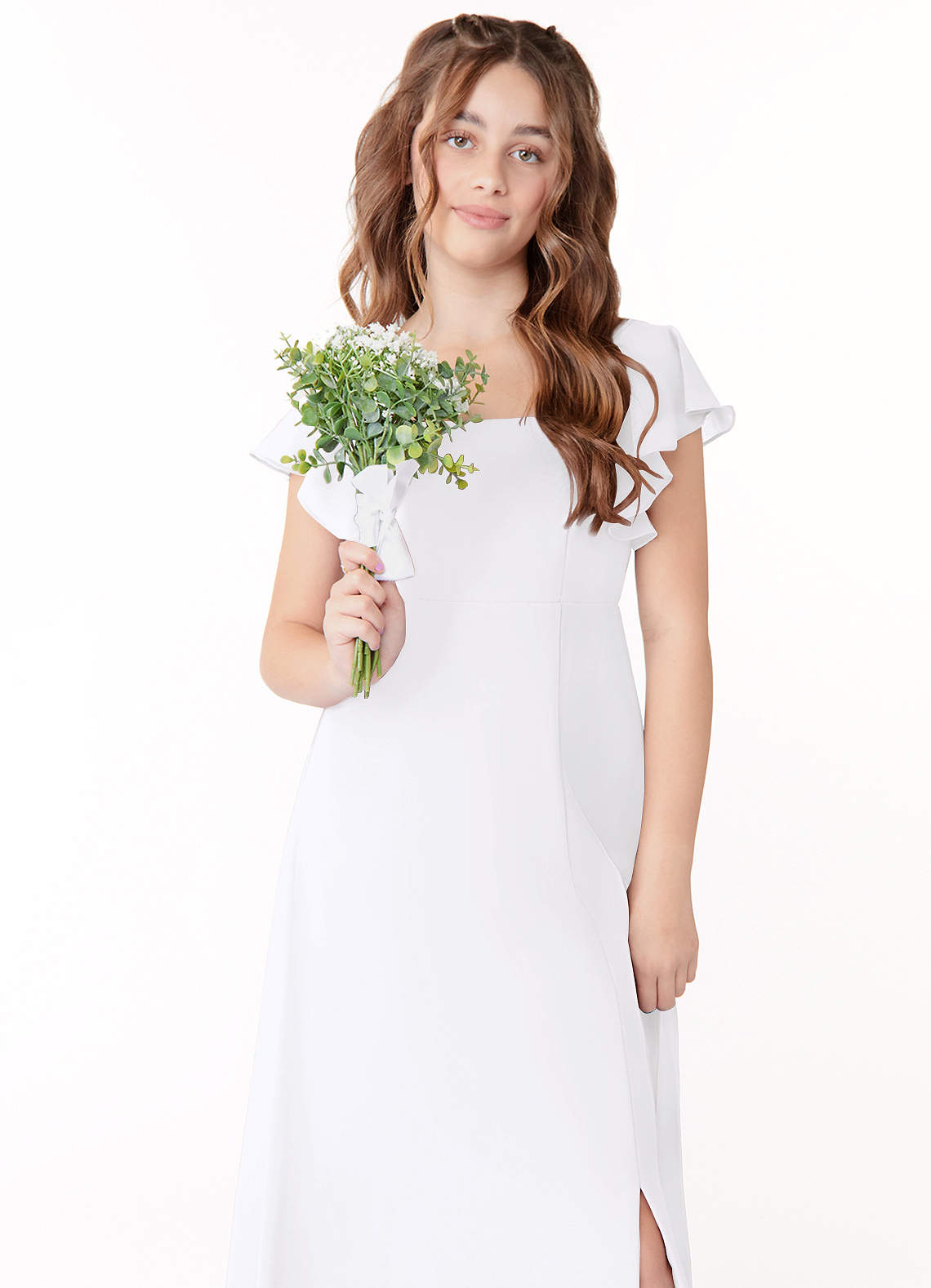Azazie Bondi Junior White A-Line Bow Chiffon Dress image3